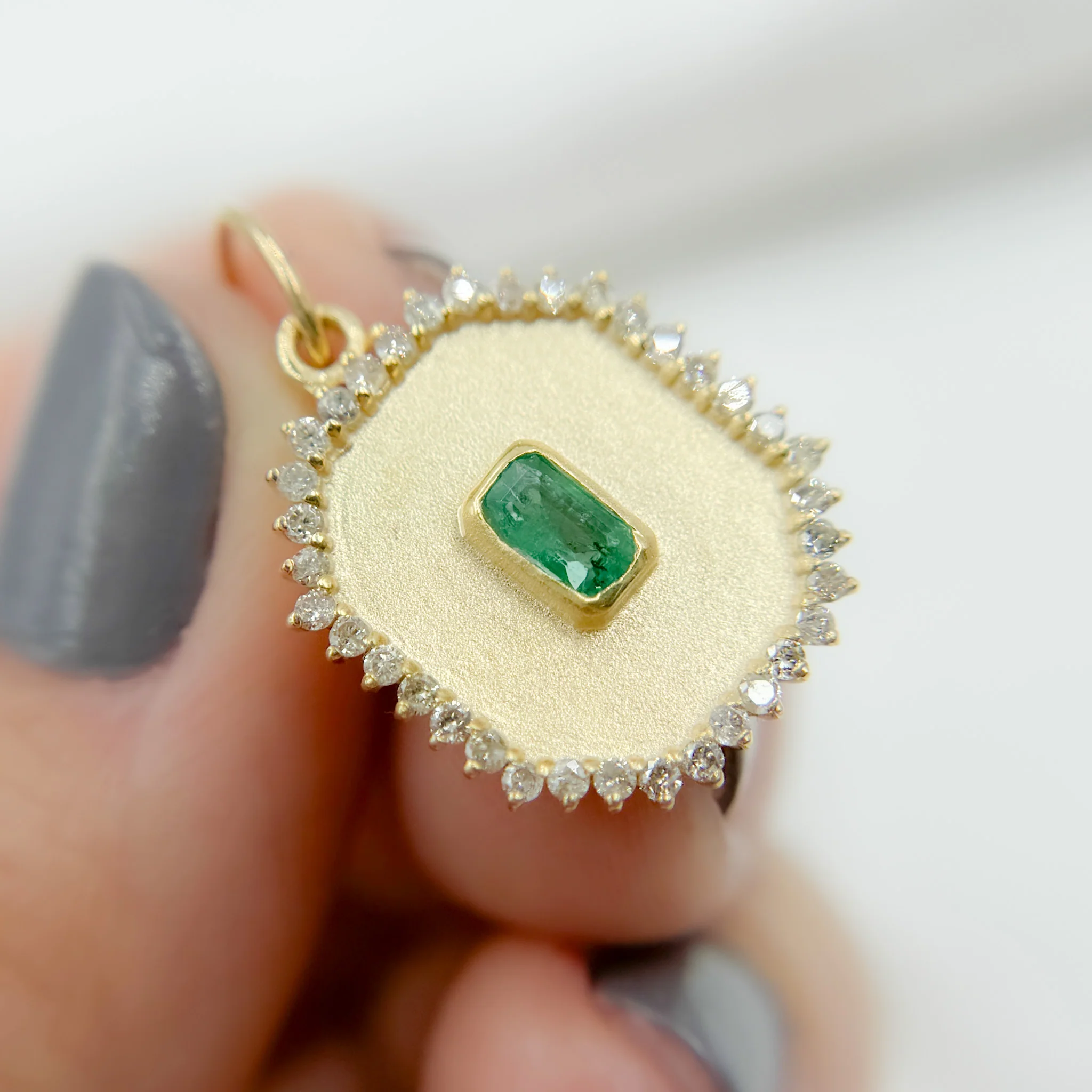 GDP612. 14k Solid Gold Rectangle Shape Emerald and Diamond Charm - Image 3
