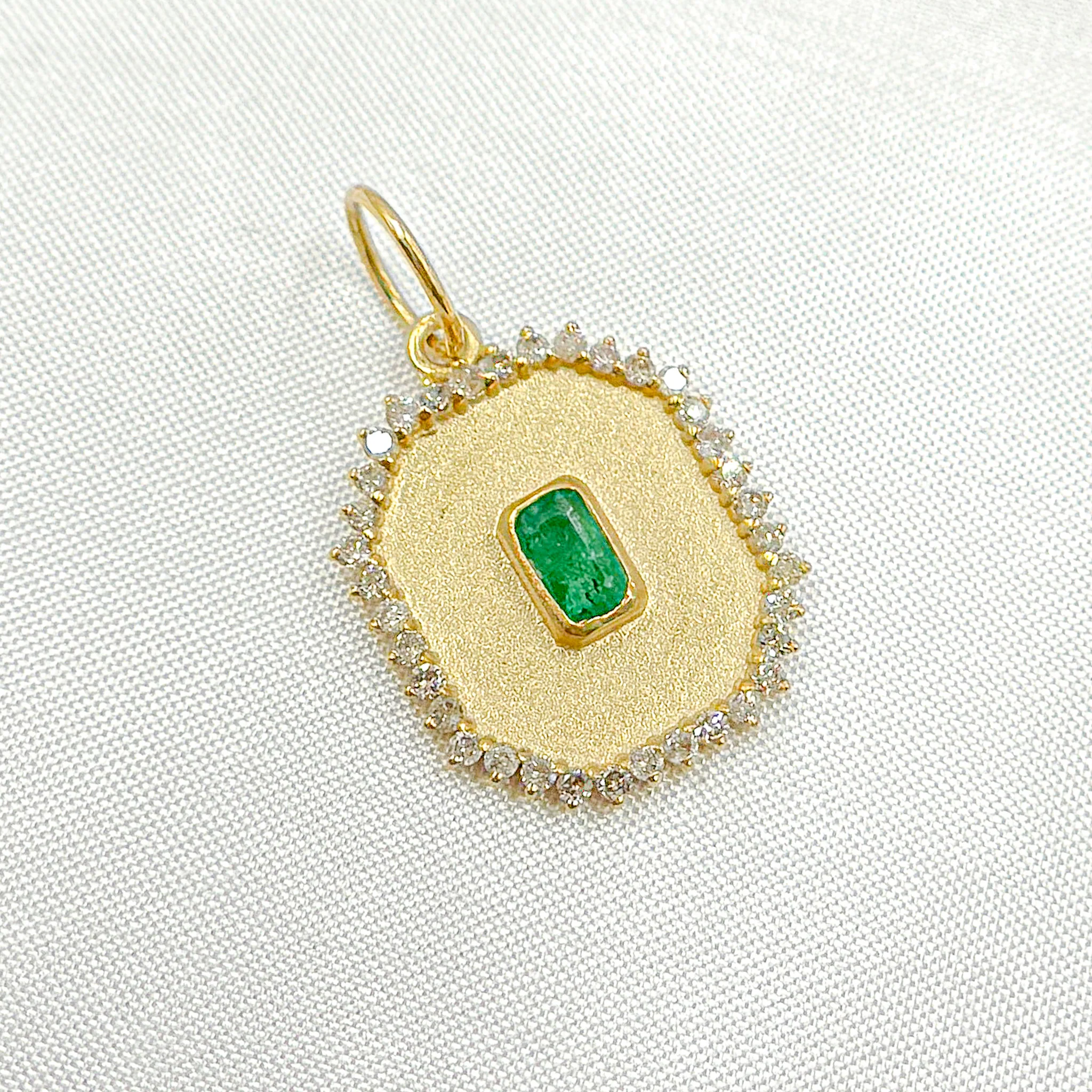 GDP612. 14k Solid Gold Rectangle Shape Emerald and Diamond Charm - Image 4