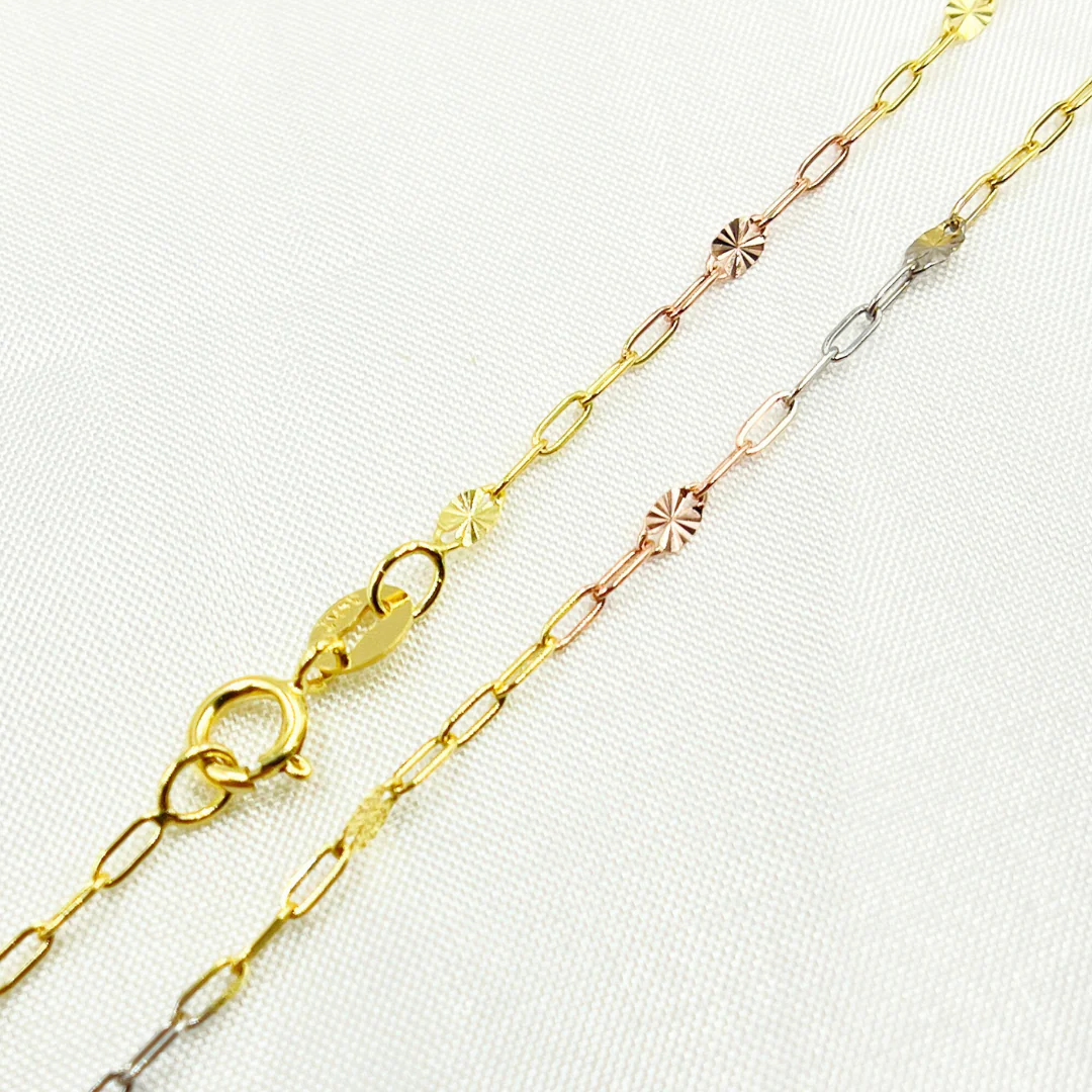 035FV843H. 14k Solid Tri-Color Gold Smooth Paperclip Diamond Cut Marina Link Chain - Image 2