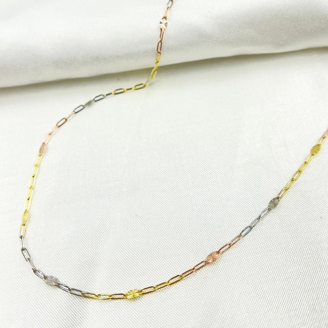 035FV843H. 14k Solid Tri-Color Gold Smooth Paperclip Diamond Cut Marina Link Chain - Image 3