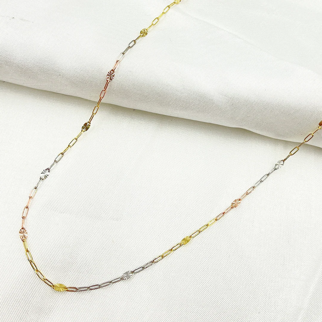 035FV843H. 14k Solid Tri-Color Gold Smooth Paperclip Diamond Cut Marina Link Chain - Image 4