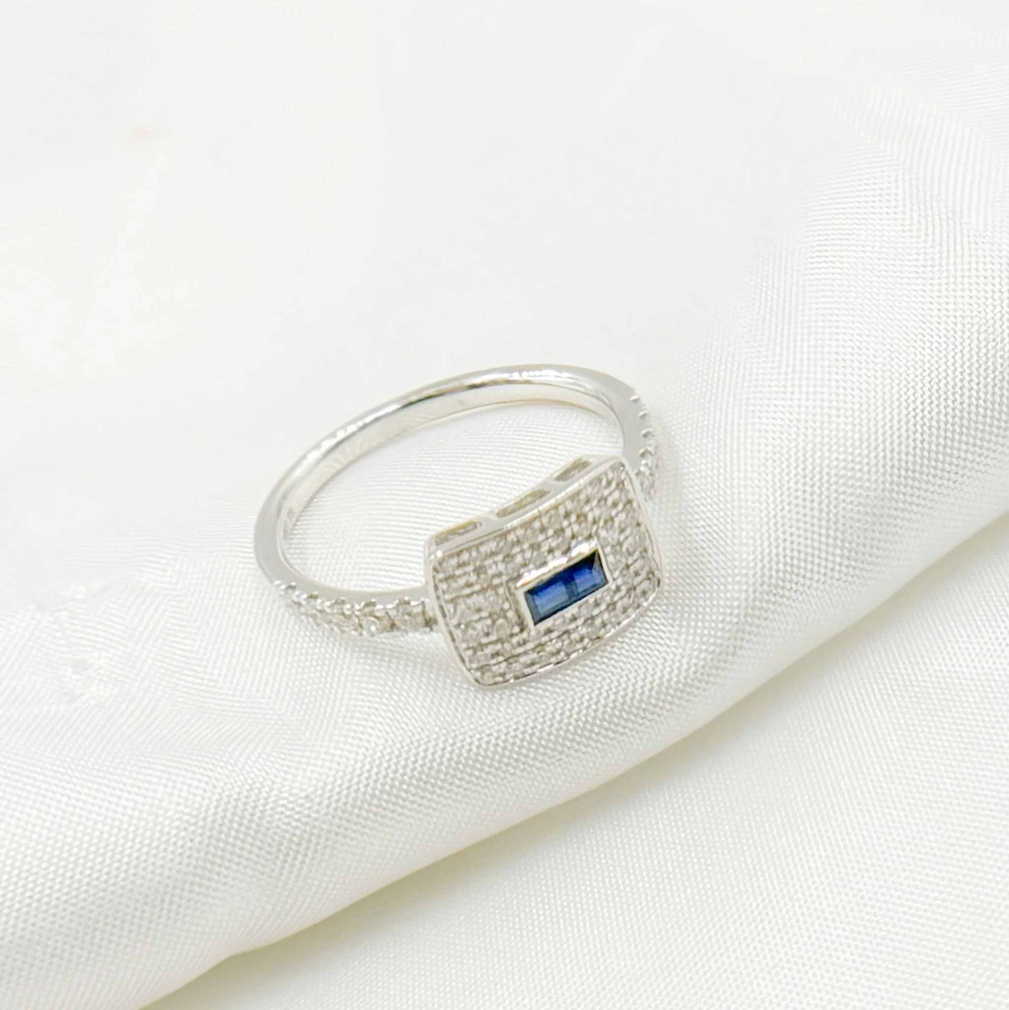 RN413054BS. 14K Solid White Gold Diamond and Blue Sapphire Rectangle Ring - Image 2