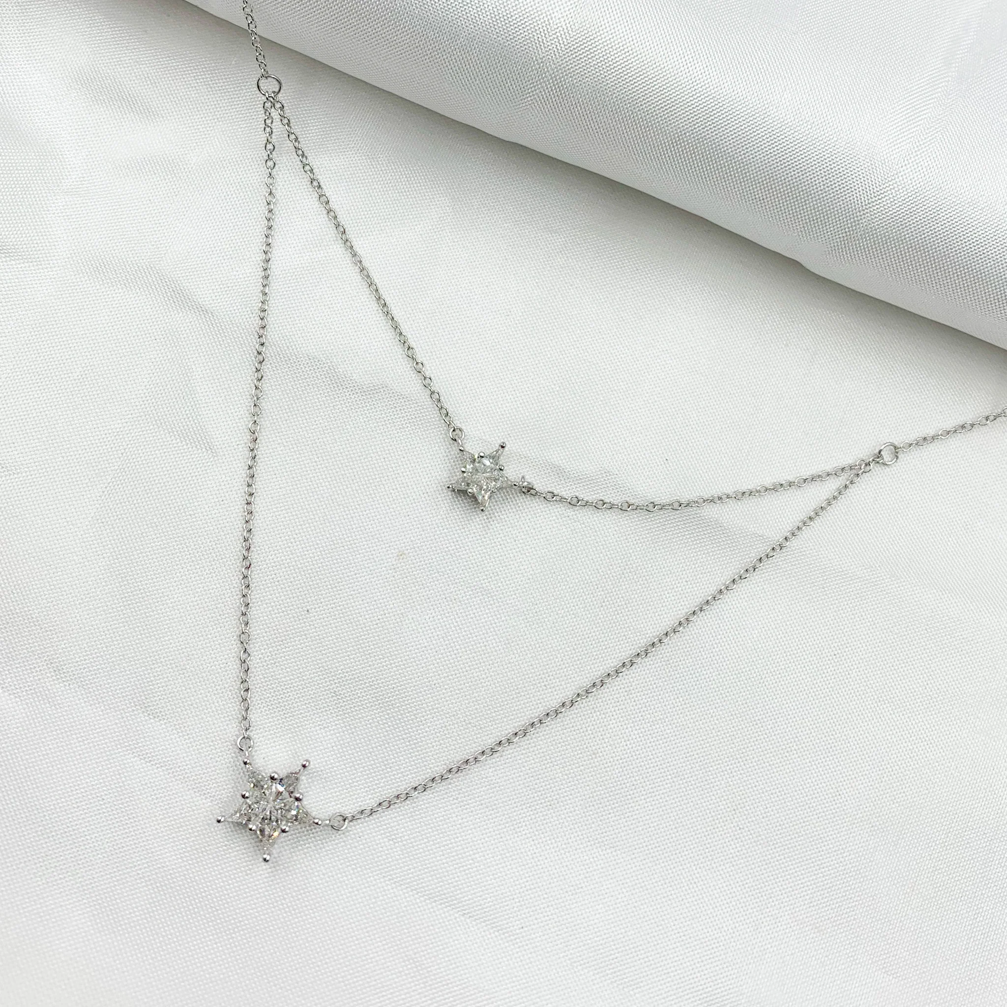 NFH71522. 14K Solid White Gold Diamond Star Necklace - Image 5