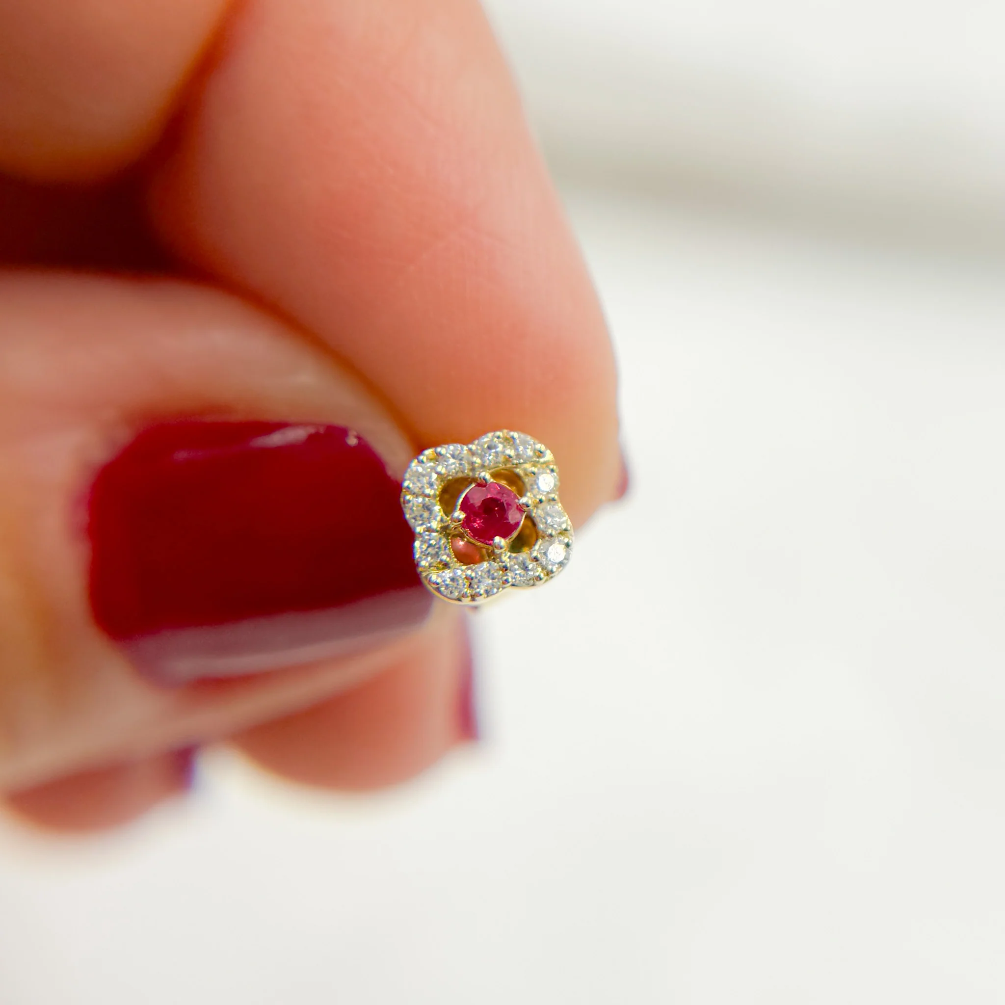 ER418281RB. 14K Solid Yellow Gold Diamond and Ruby Flower Stud Earring - Image 2