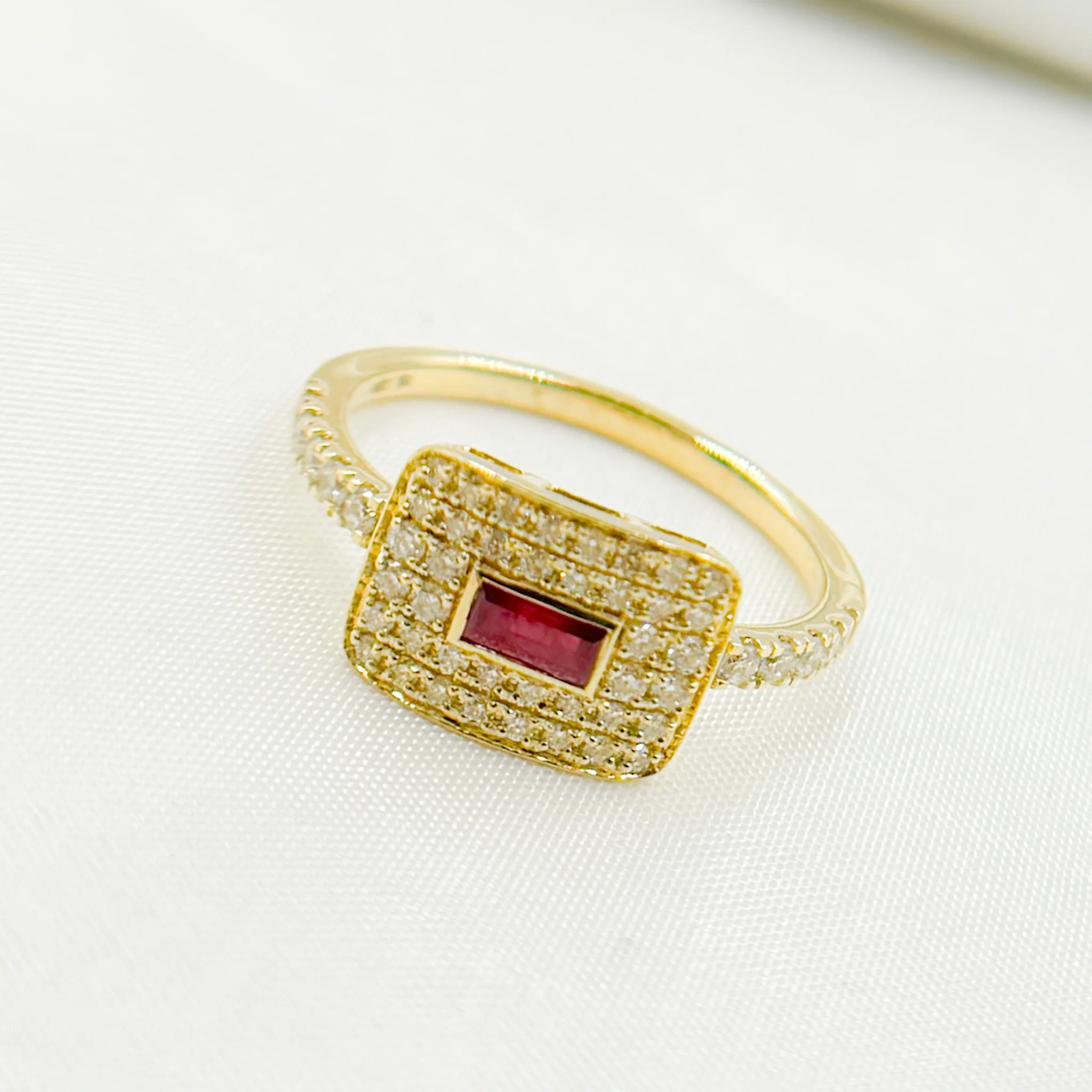 RN413054RU. 14K Solid Yellow Gold Diamond and Ruby Rectangle Ring