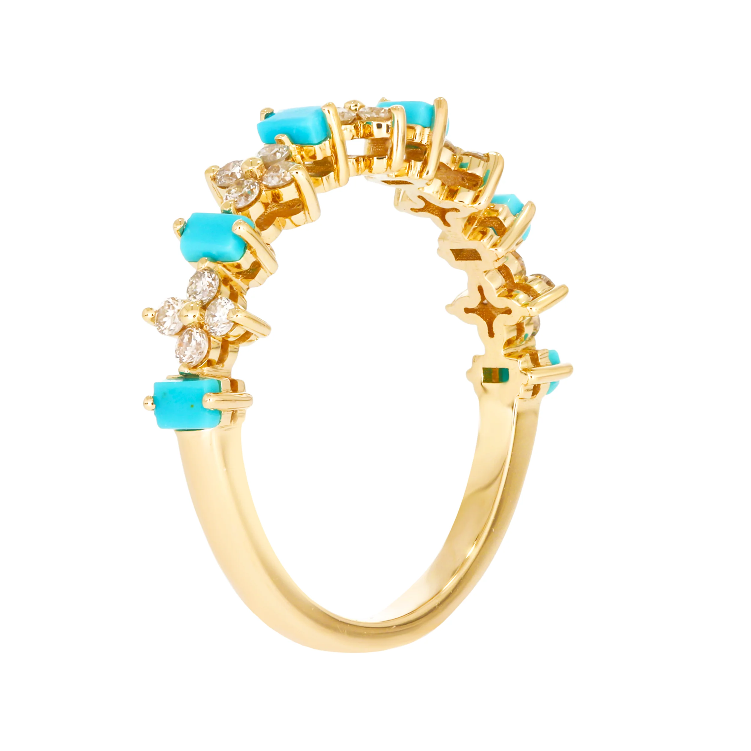 RAF01630TQ. 14K Solid Yellow Gold Diamond and Turquoise Flower and Baguette Ring - Image 3