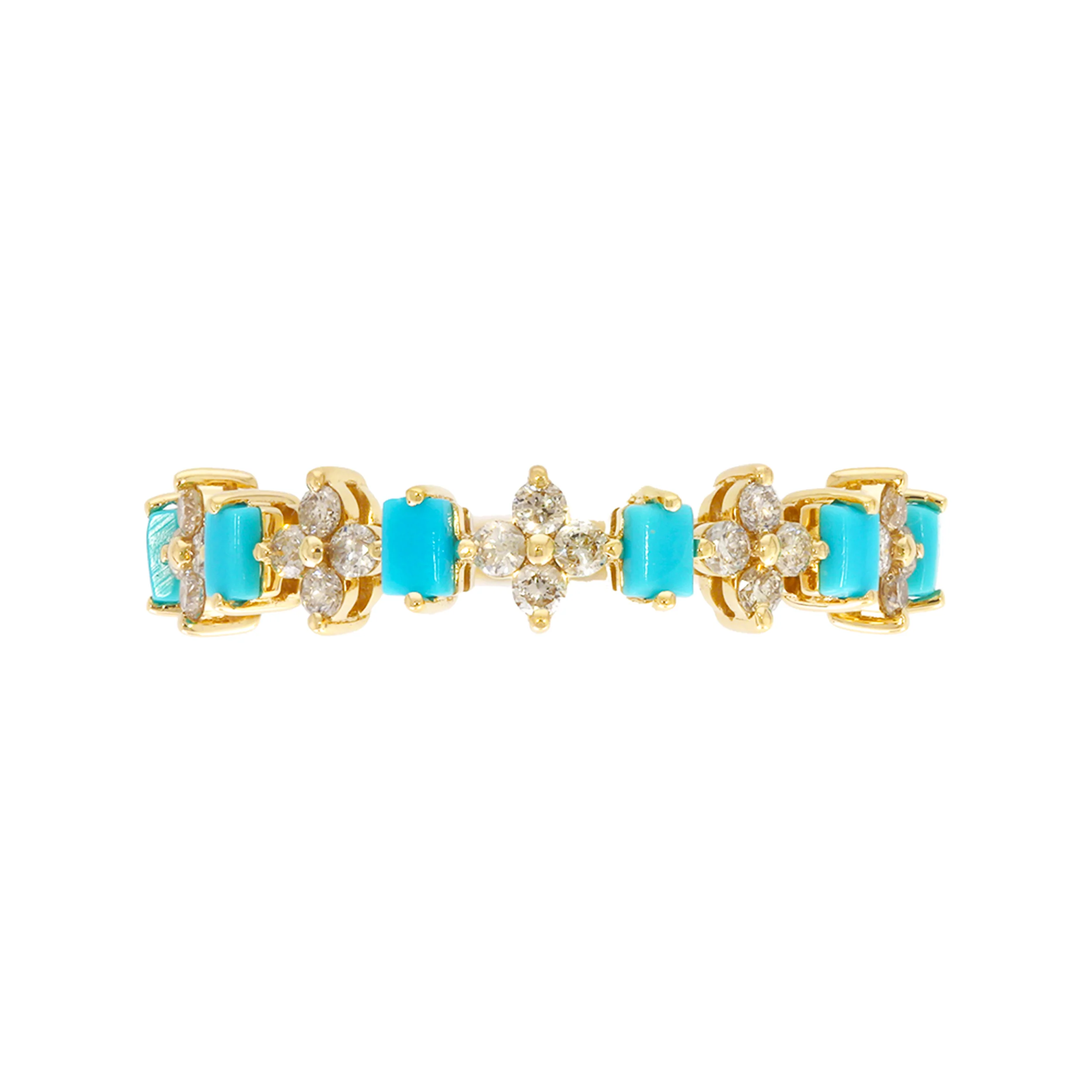 RAF01630TQ. 14K Solid Yellow Gold Diamond and Turquoise Flower and Baguette Ring - Image 5