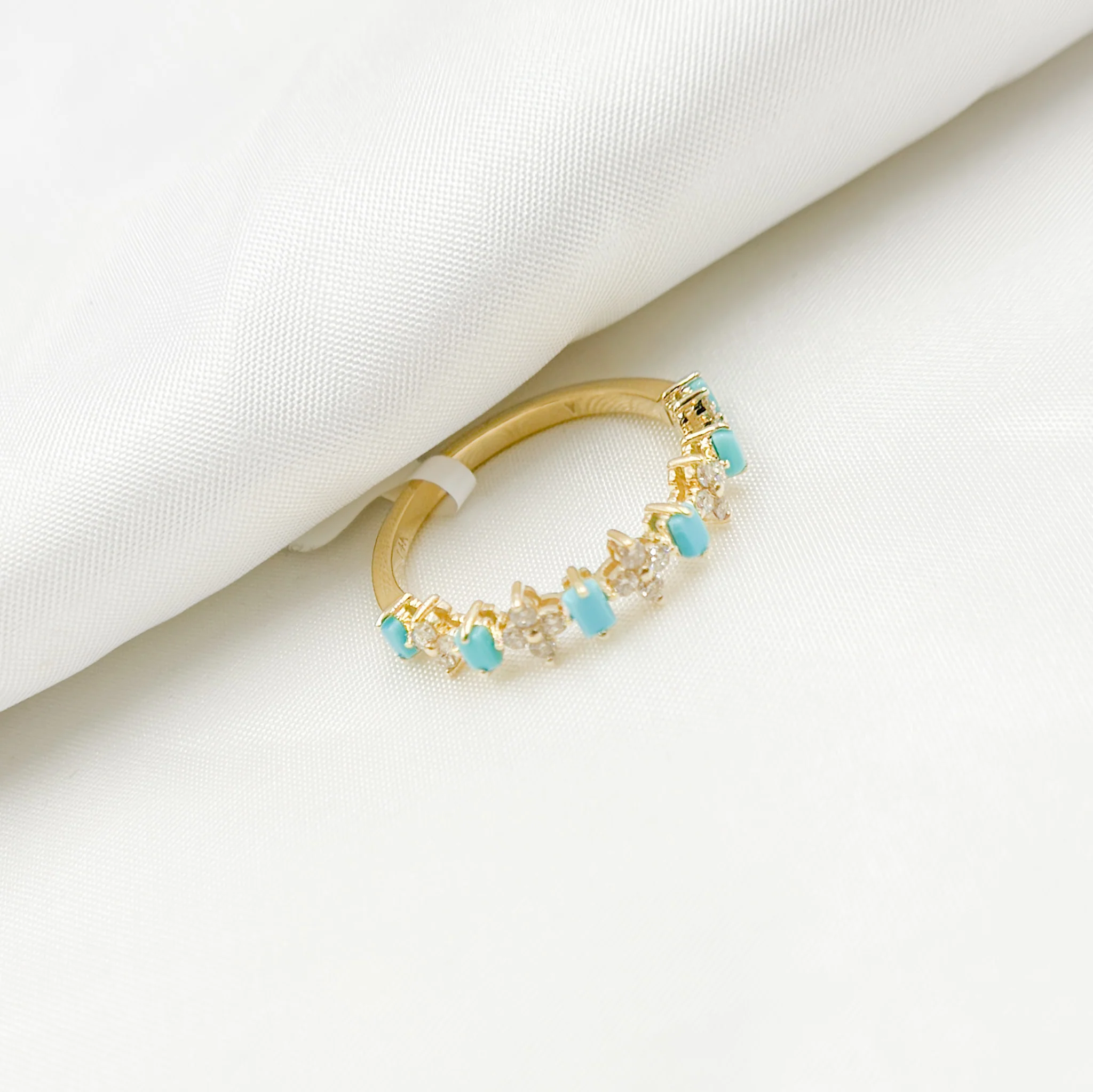 RAF01630TQ. 14K Solid Yellow Gold Diamond and Turquoise Flower and Baguette Ring - Image 8