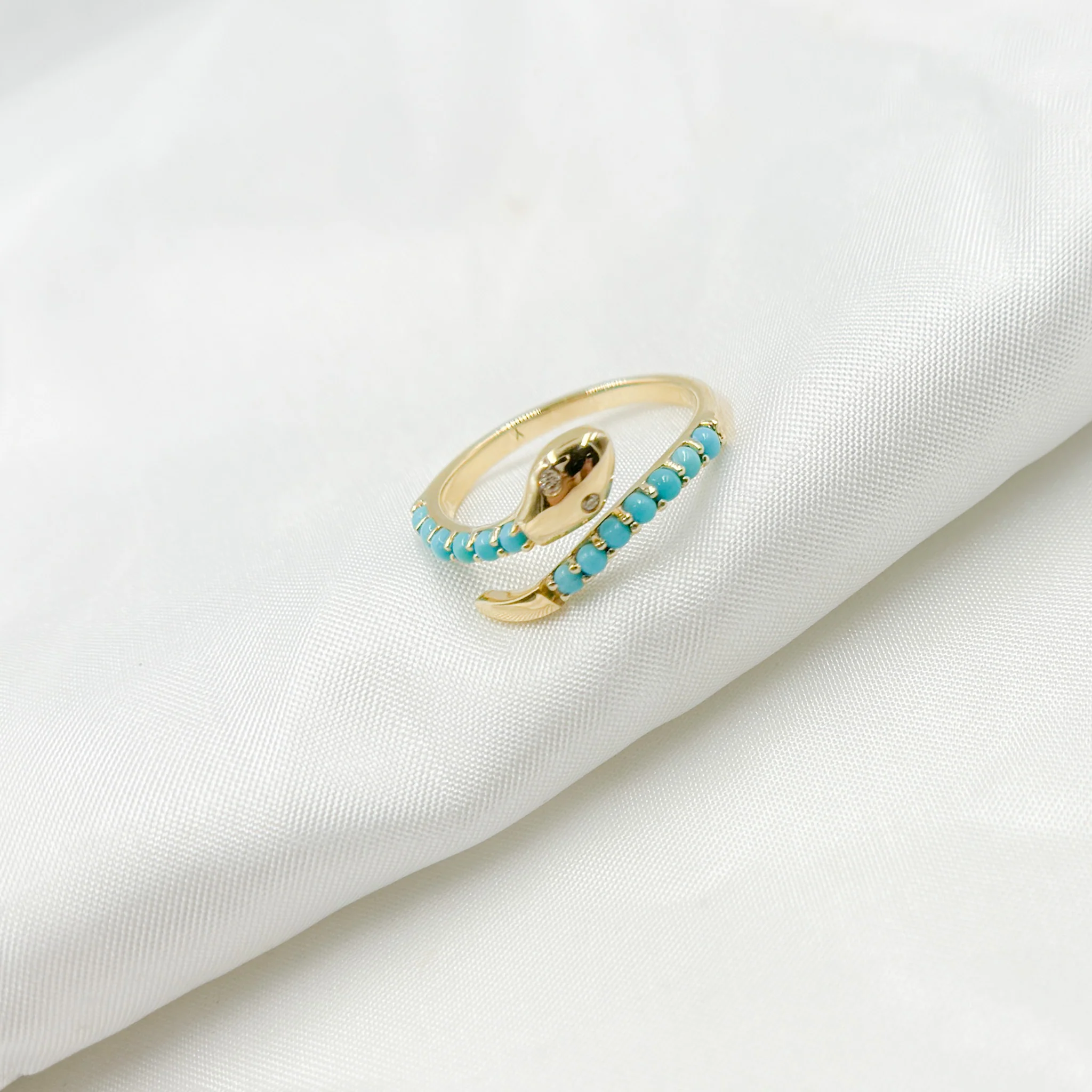 RFA17976TQ. 14K Solid Yellow Gold Diamond and Turquoise Open Snake Ring - Image 6