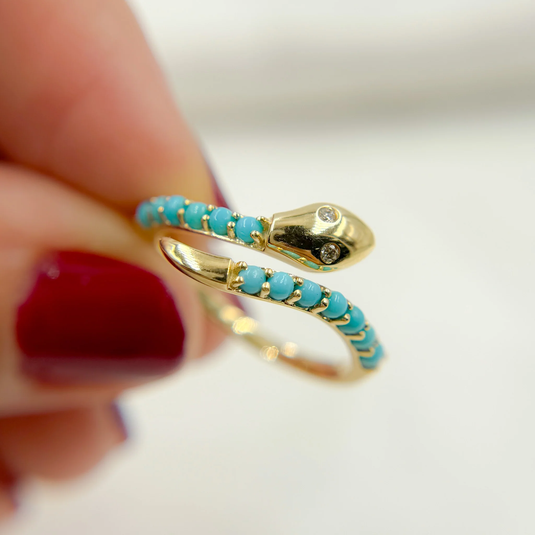 RFA17976TQ. 14K Solid Yellow Gold Diamond and Turquoise Open Snake Ring - Image 7