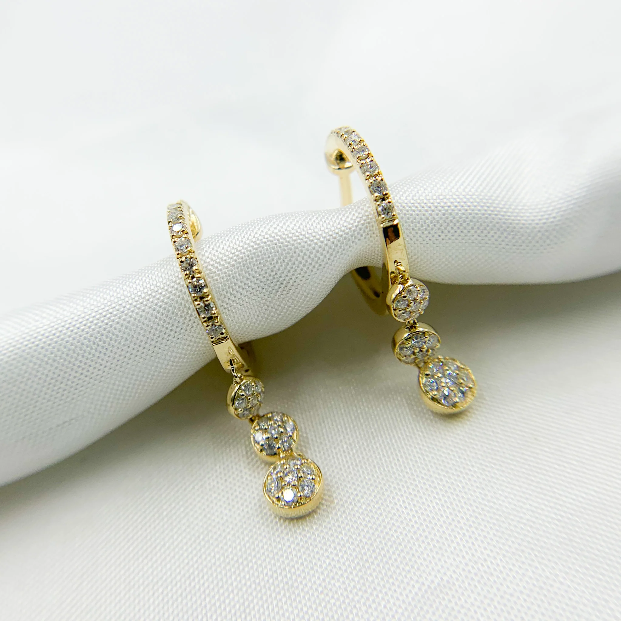 HP400520. 14K Solid Yellow Gold Diamond Hoop with 3 Dangle Circles