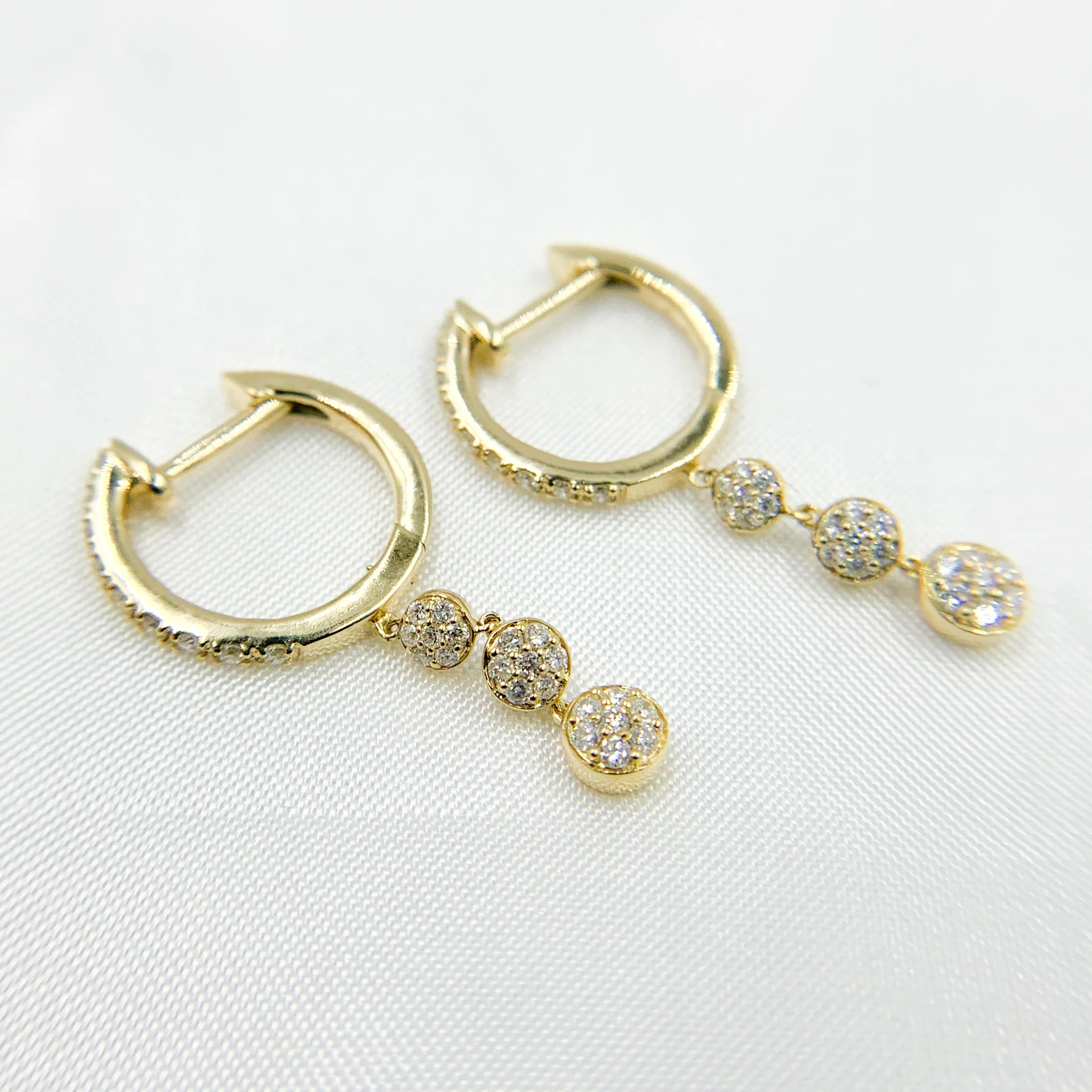 HP400520. 14K Solid Yellow Gold Diamond Hoop with 3 Dangle Circles - Image 2