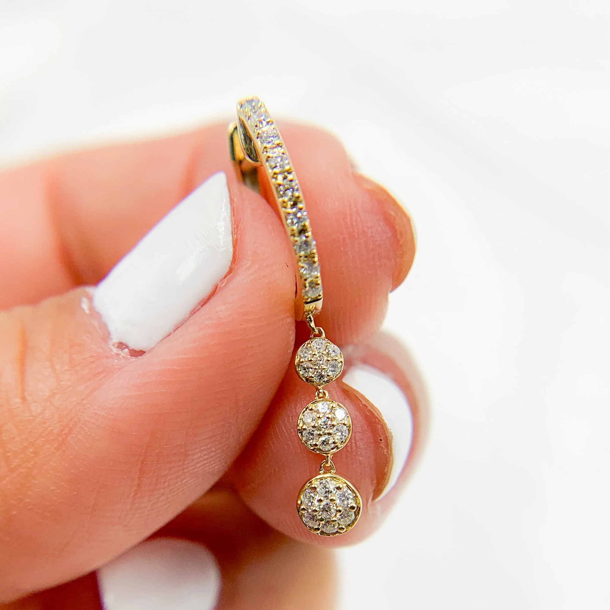 HP400520. 14K Solid Yellow Gold Diamond Hoop with 3 Dangle Circles - Image 3