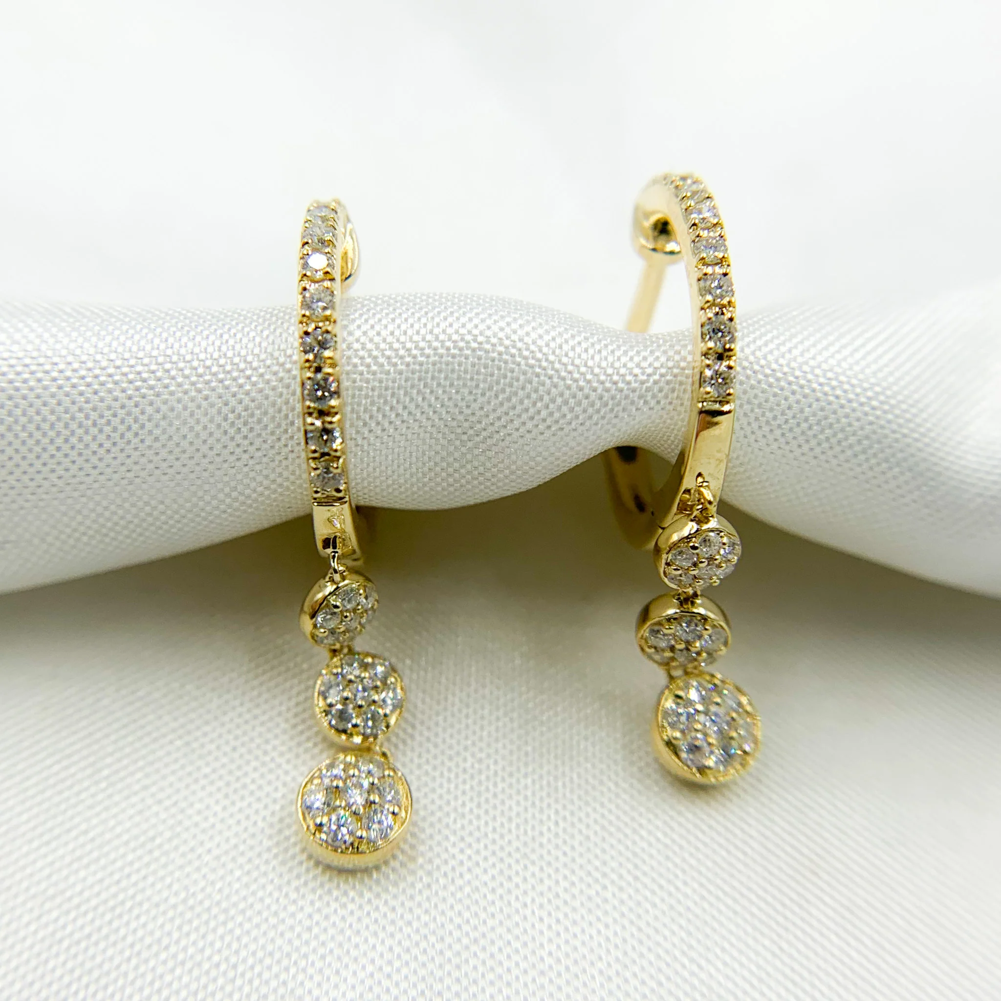HP400520. 14K Solid Yellow Gold Diamond Hoop with 3 Dangle Circles - Image 4