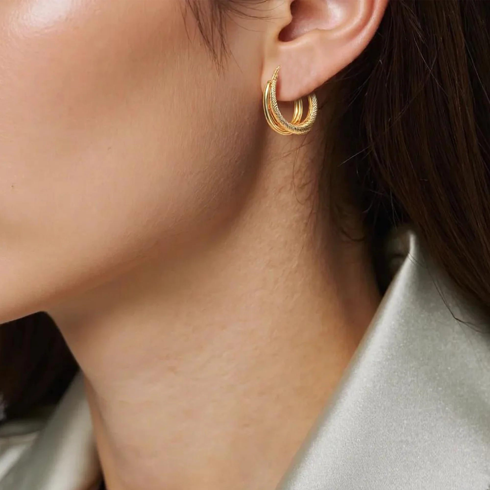 15850006741. 14K Solid Gold Smooth and Textured Twisted Triple Hollow Hoop Earrings - Image 3