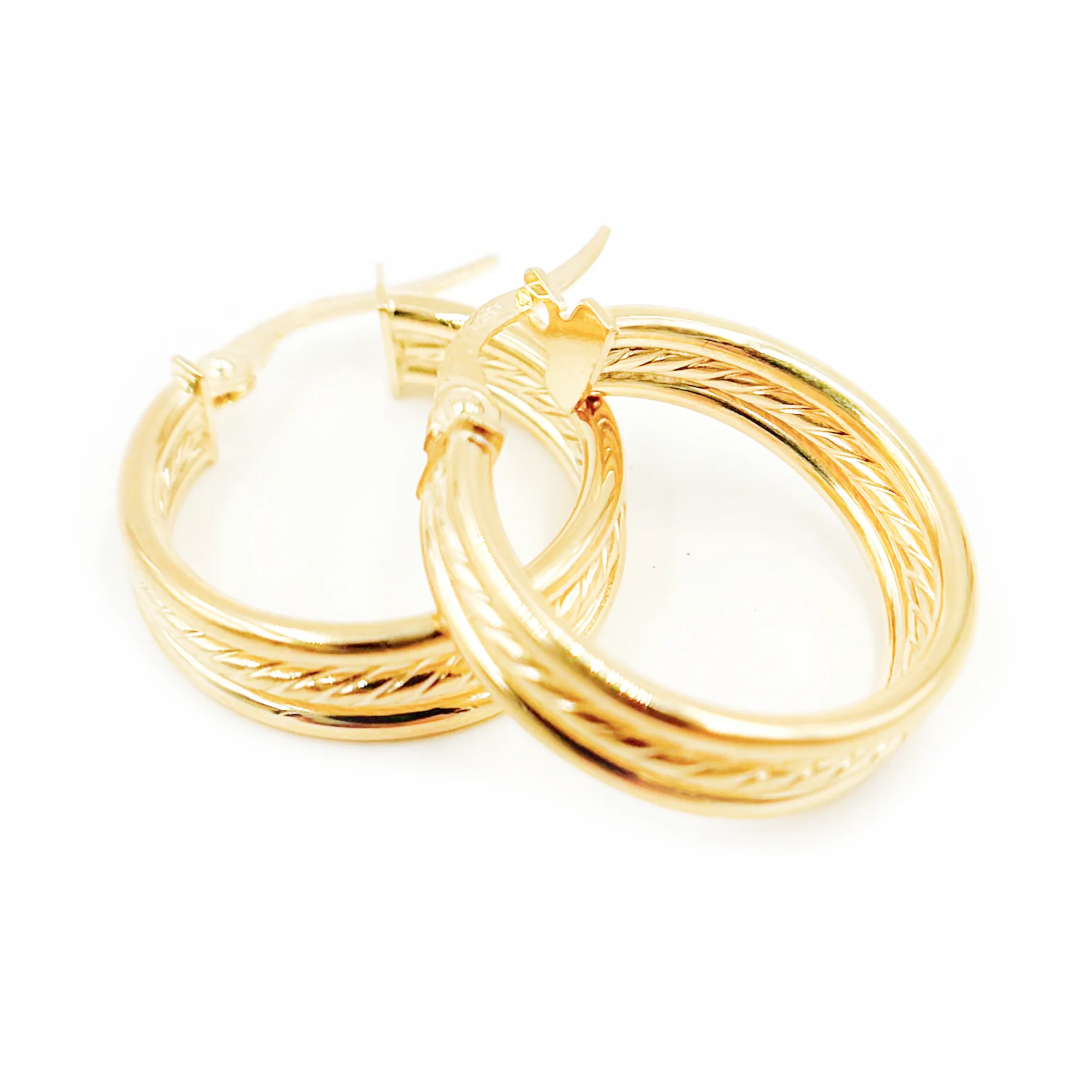 15850017958. 14K Solid Gold Smooth and Textured Triple Line Hollow Hoop Earrings - Image 2