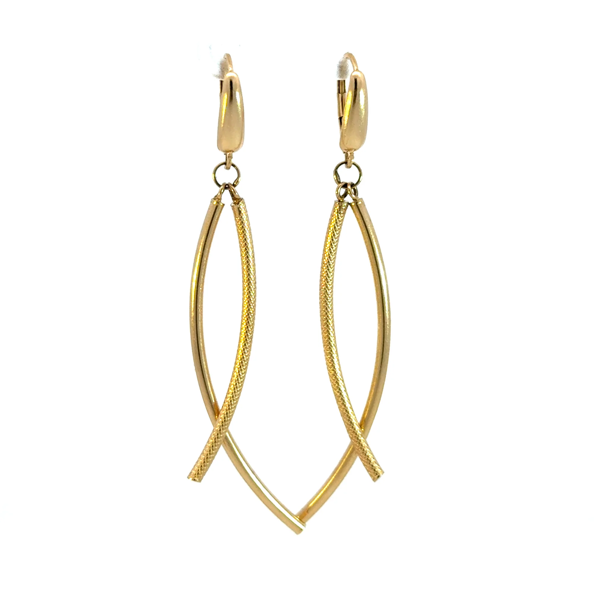 15850018486. 14K Solid Gold Smooth and Textured Tube Hollow Dangle Leverback Earrings - Image 2