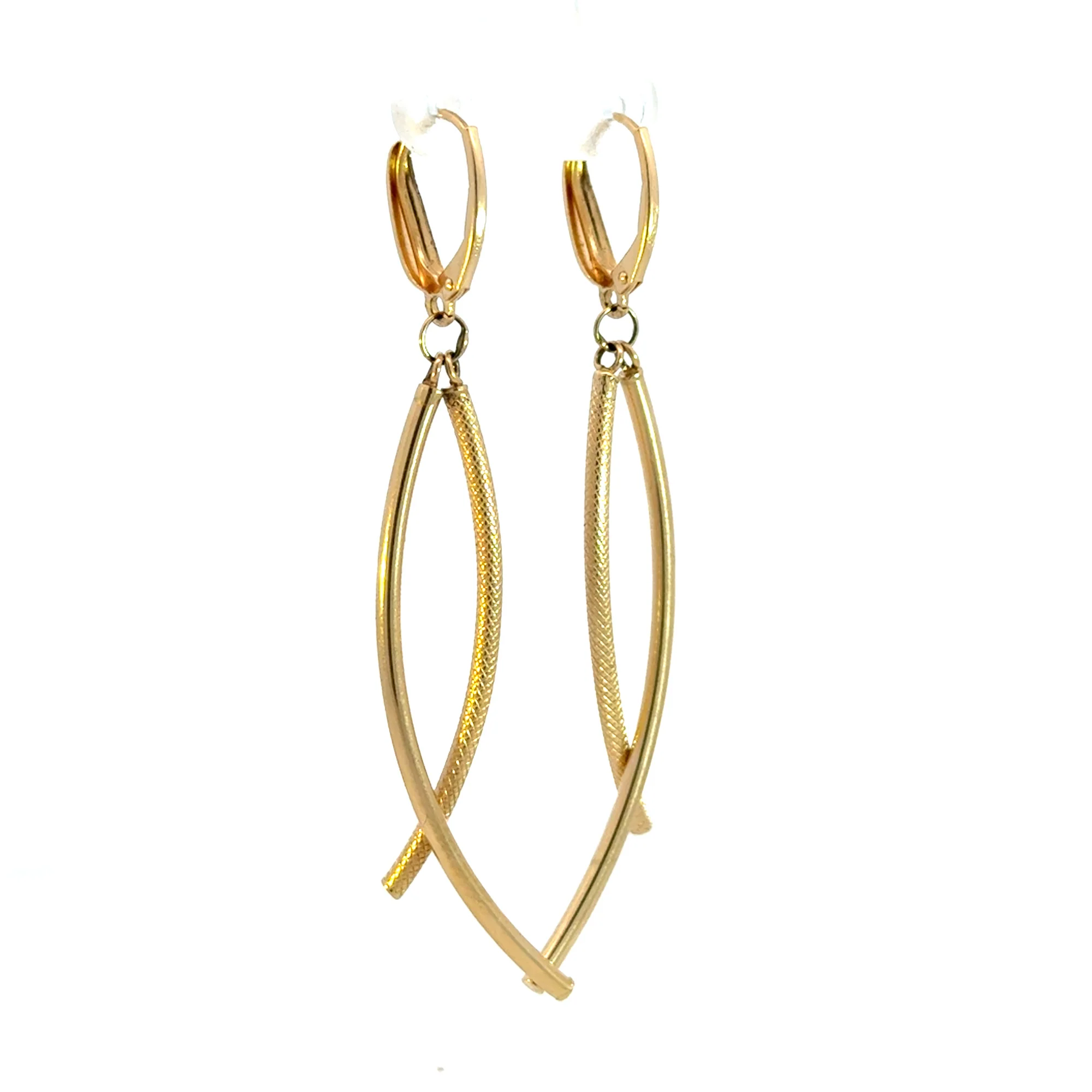 15850018486. 14K Solid Gold Smooth and Textured Tube Hollow Dangle Leverback Earrings - Image 4