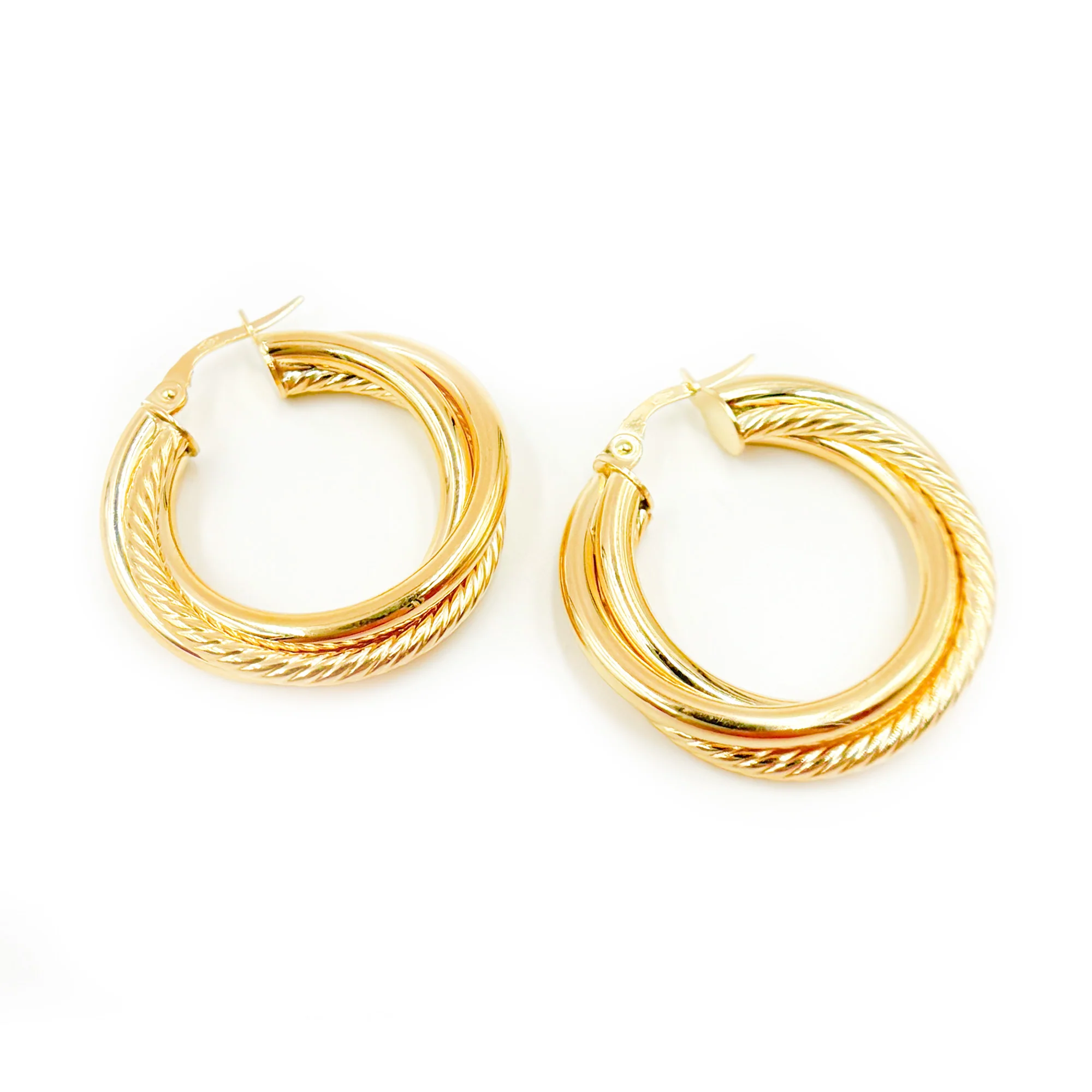 15850019628. 14K Solid Gold Fancy Twist Double Hollow Hoop Earrings - Image 5