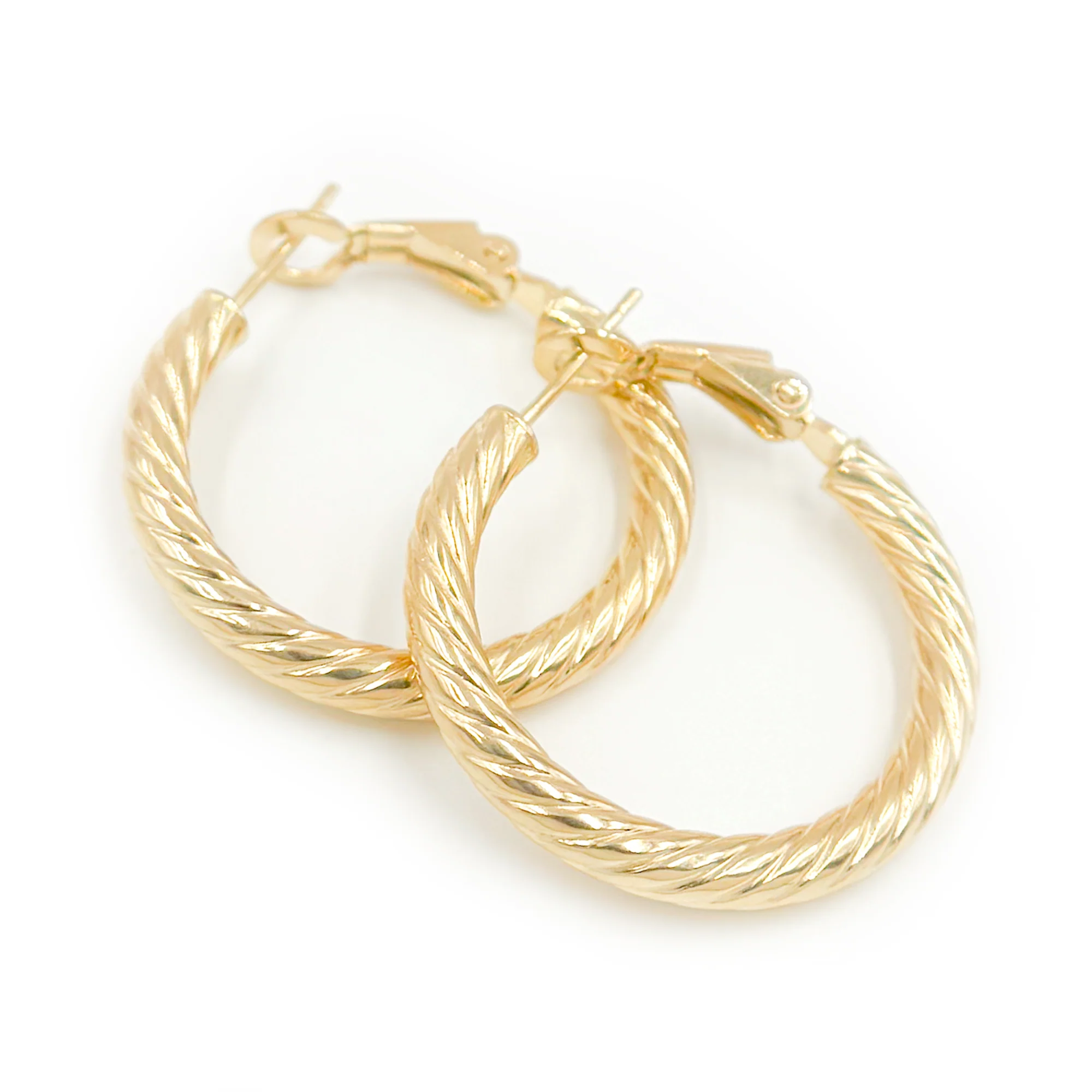 15850019965. 14K Solid Gold Fancy Ribbed Hollow Hoop Earrings - Image 2