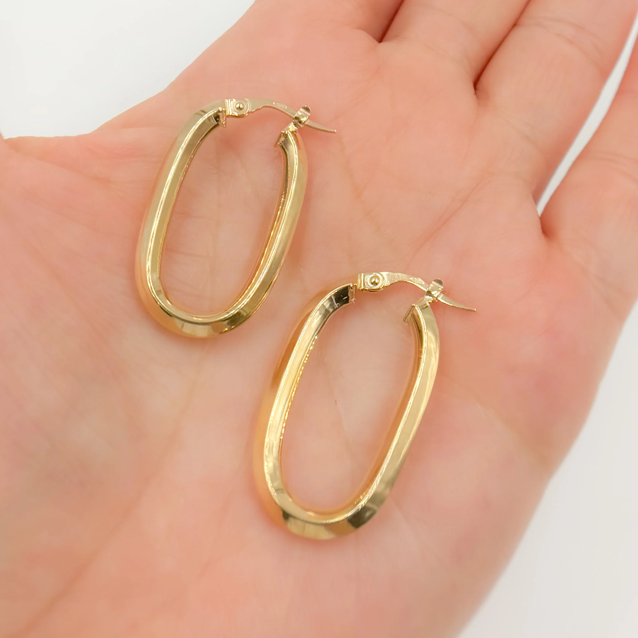 15850021777. 14K Solid Gold Fancy Rectangle Hollow Hoop Earrings - Image 2