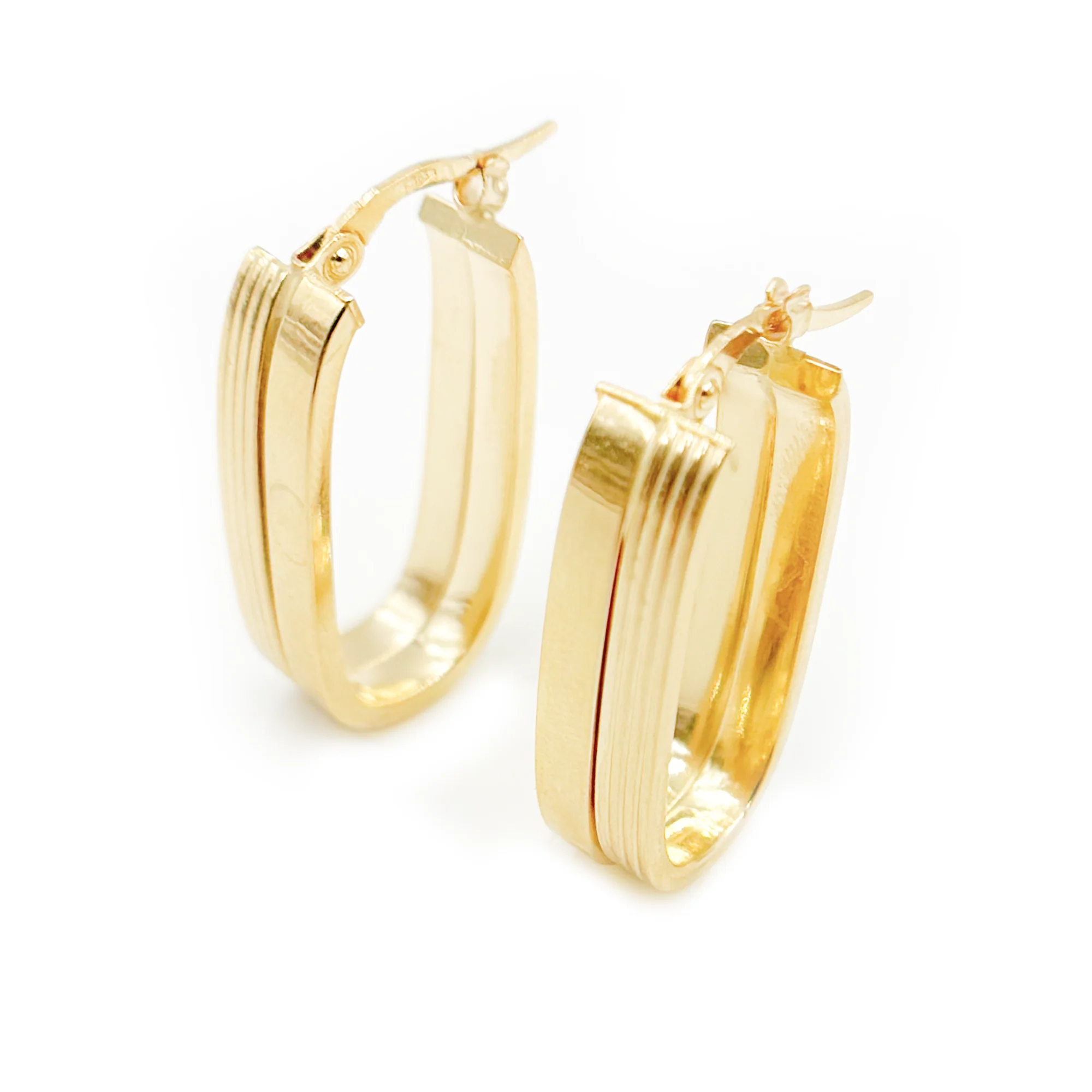 15850022147. 14K Solid Gold Smooth and Ribbed Rectangular Hollow Hoop Earrings - Image 3