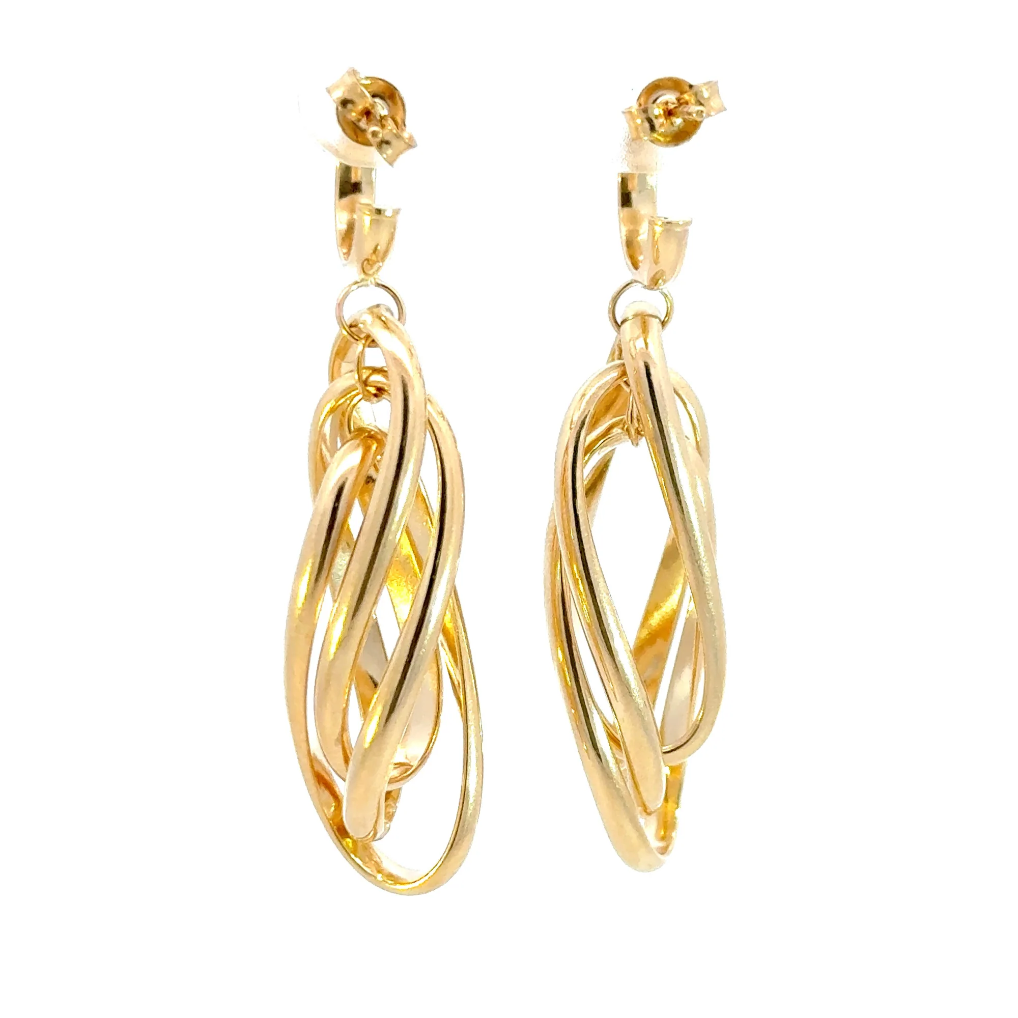 15850023044. 14K Solid Gold Twist Triple Oval Hollow Dangle Earrings - Image 3