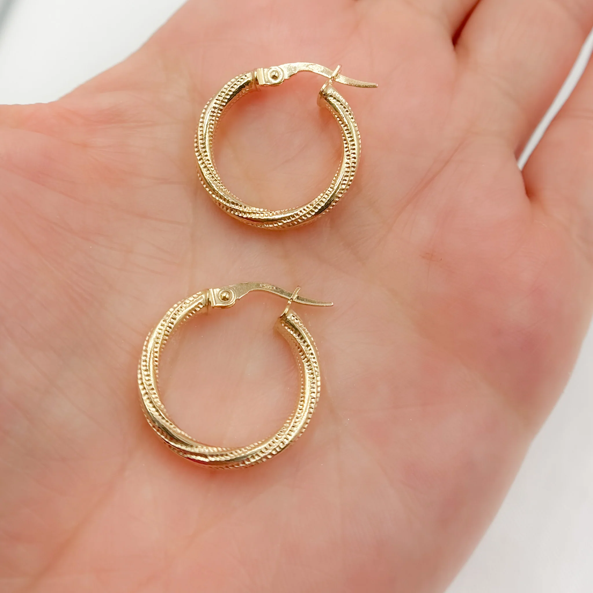 15850024626. 14K Solid Gold Textured Hollow Hoop Earrings - Image 3