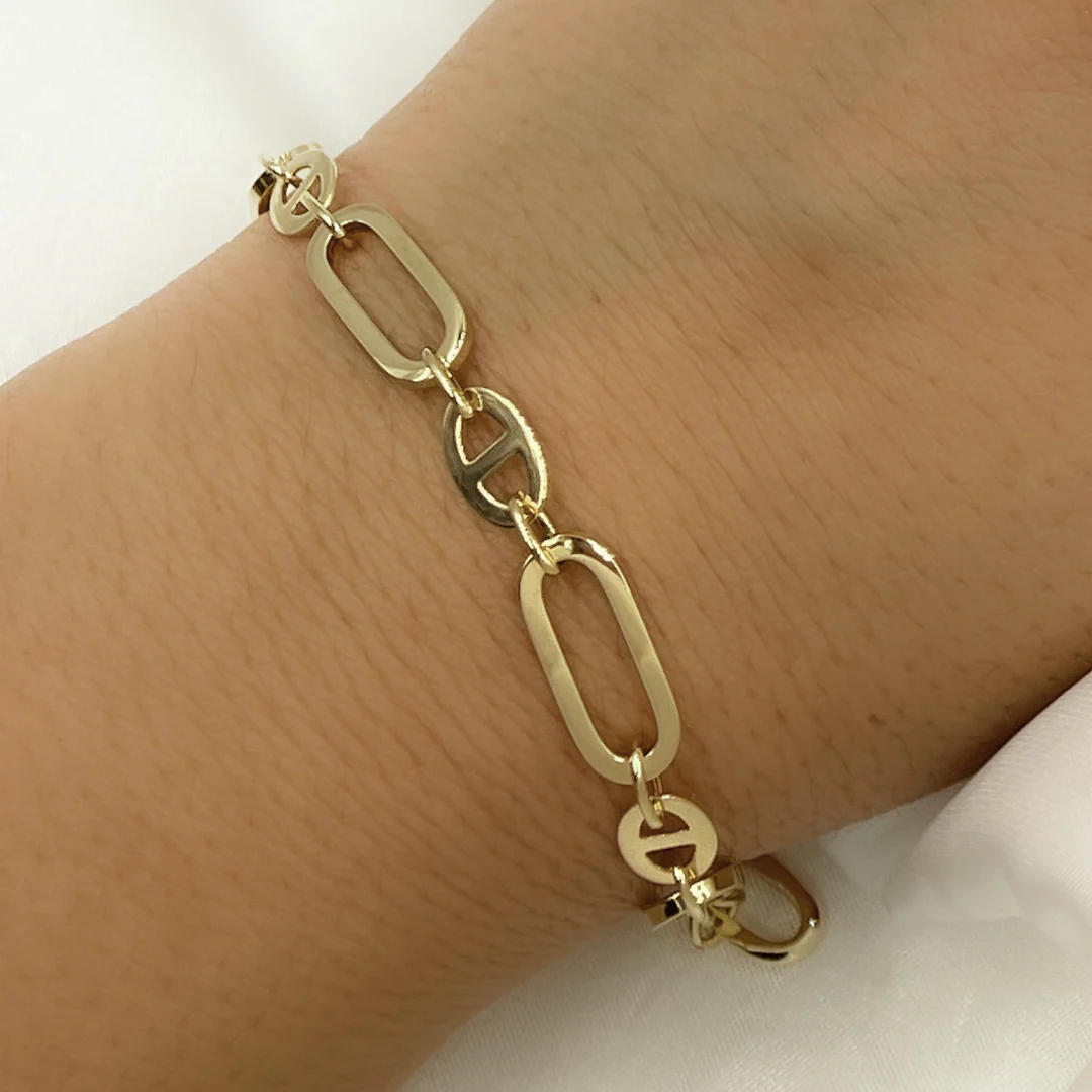 501069MGG Bracelet. 14k Solid Yellow Hollow Gold Flat Oval Link & Flat Marina Link Bracelet - Image 2