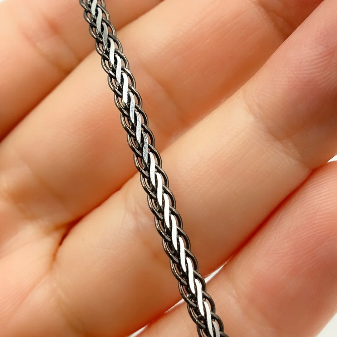 0502213SB. Black Rhodium and White Sterling Silver Flat Wheat Necklace - Image 4