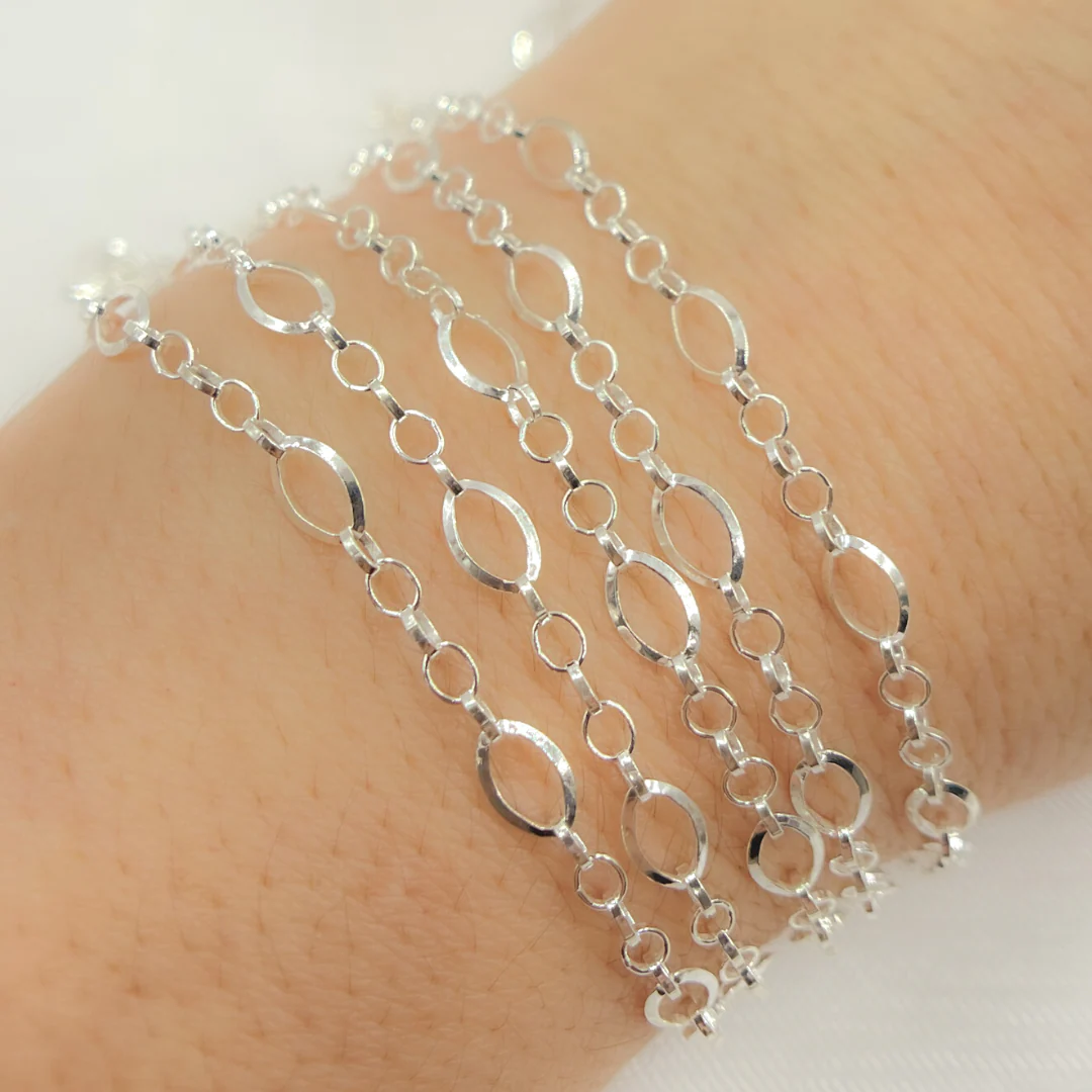 V178SS. Sterling Silver Diamond Cut Oval & 5 Flat Round Links Chain - Image 5