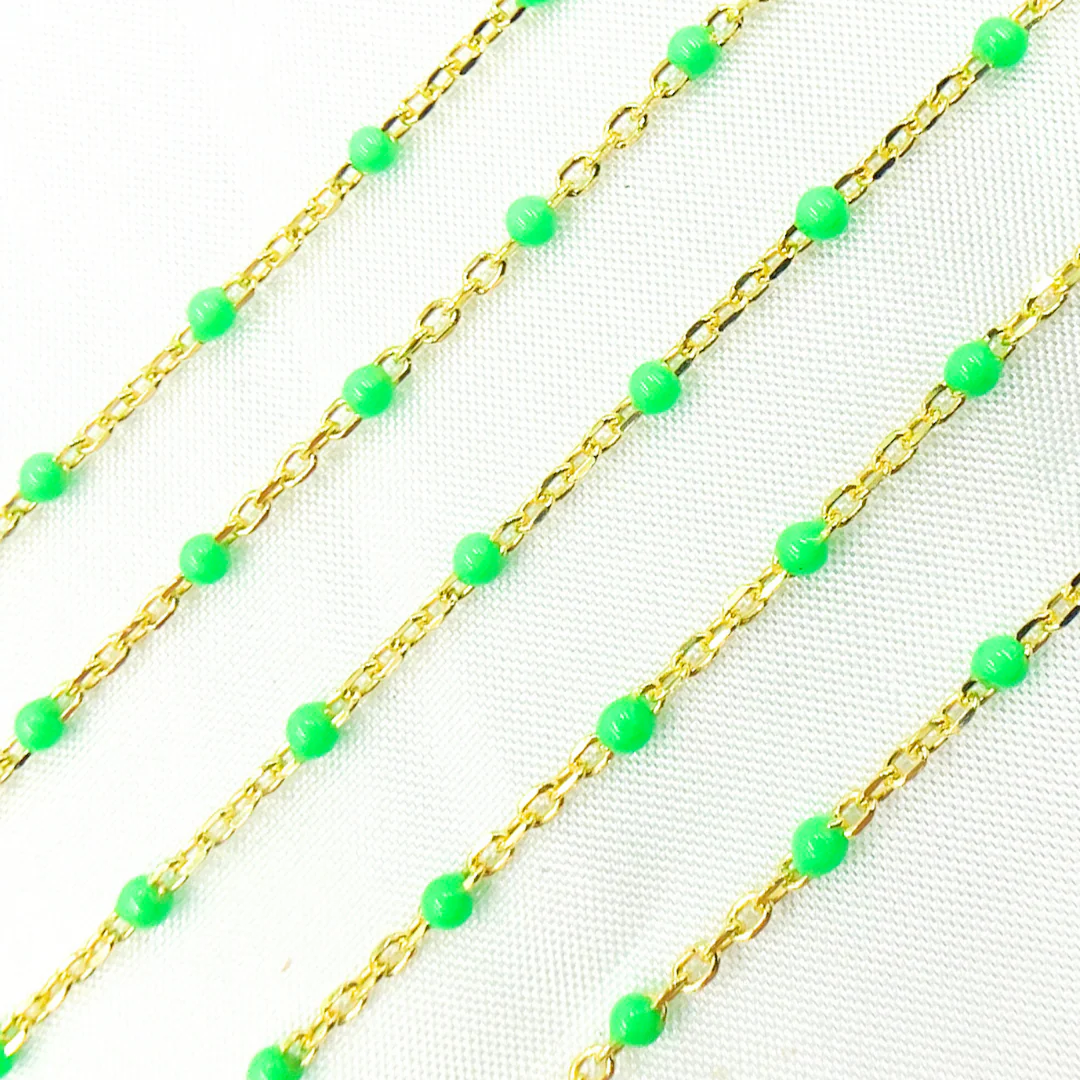 V203GRGP. Gold Plated Sterling Silver Enamel Green Color Cable Chain - Image 3