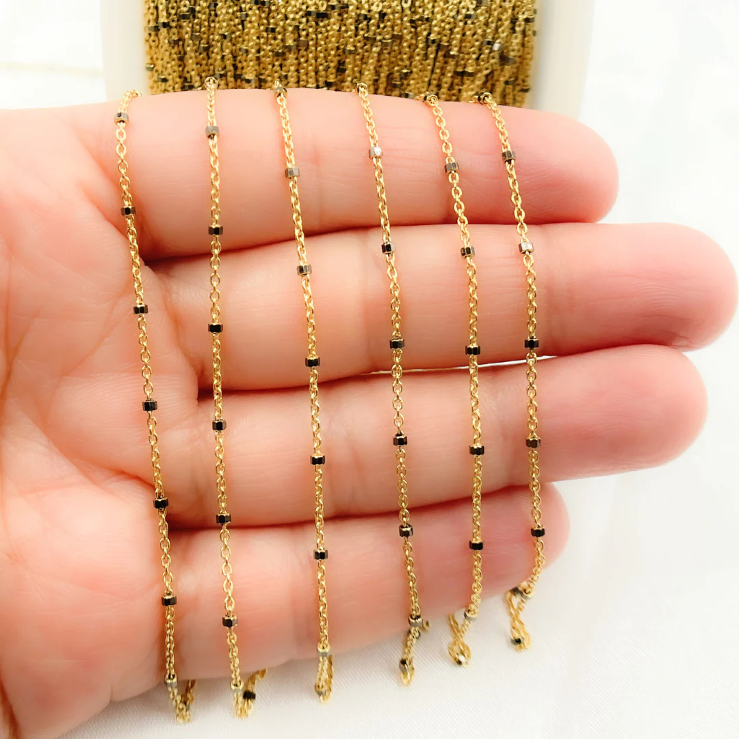Z36GB2. Gold Plated 925 Sterling Silver Satellite Black Rhodium Cube Chain - Image 5