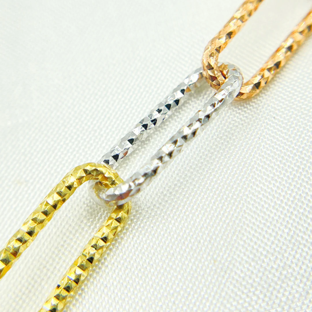 V10GSR. Sterling Silver Gold Plated, White Silver & Rose Plated Paperclip Diamond Cut Link Chain - Image 5