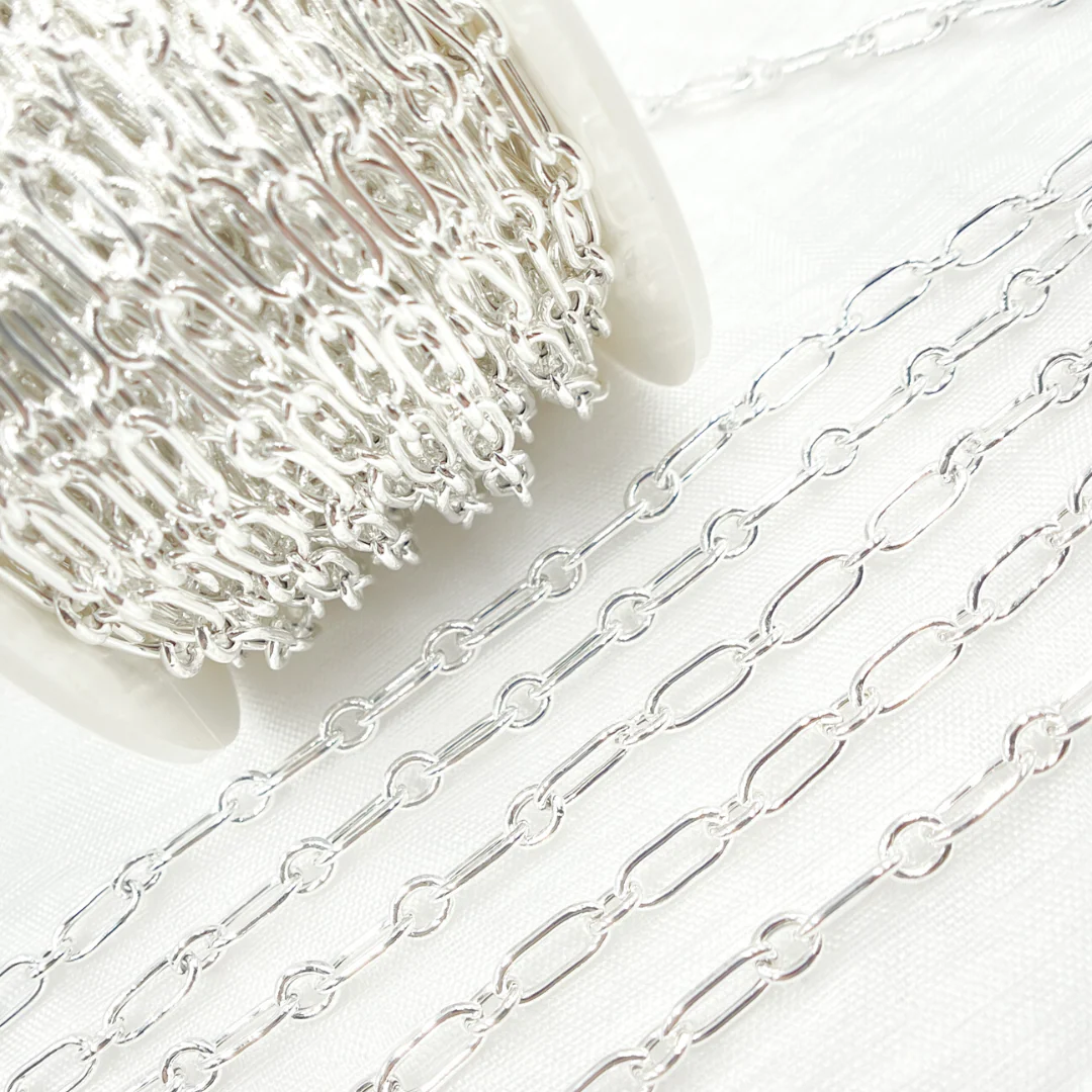 V201SS. Sterling Silver Hollow Smooth Paperclip Long & Short Link Chain - Image 5