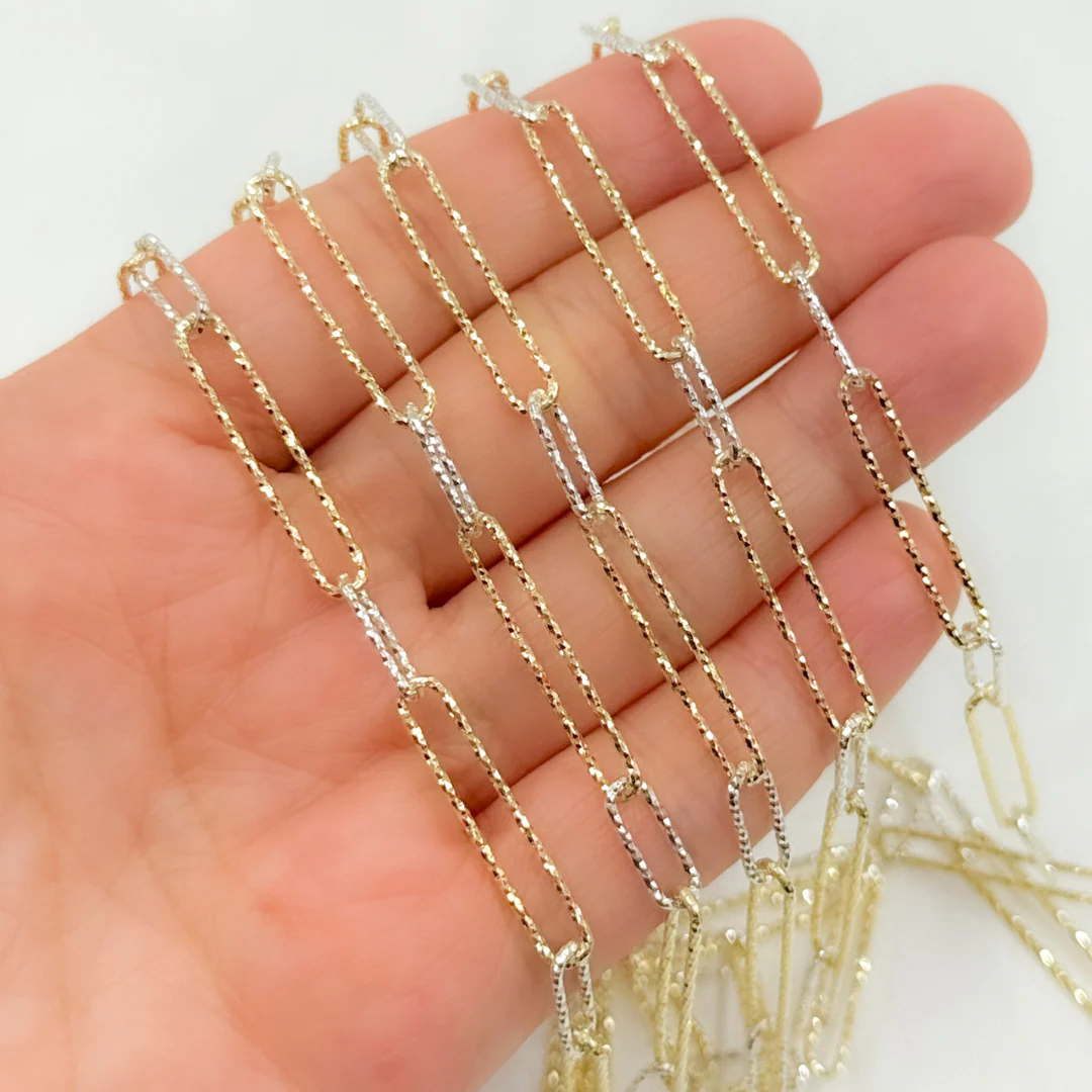 V4GS1. Silver Paperclip Diamond Cut  Long Gold Plated Link & Short Silver Link Chain