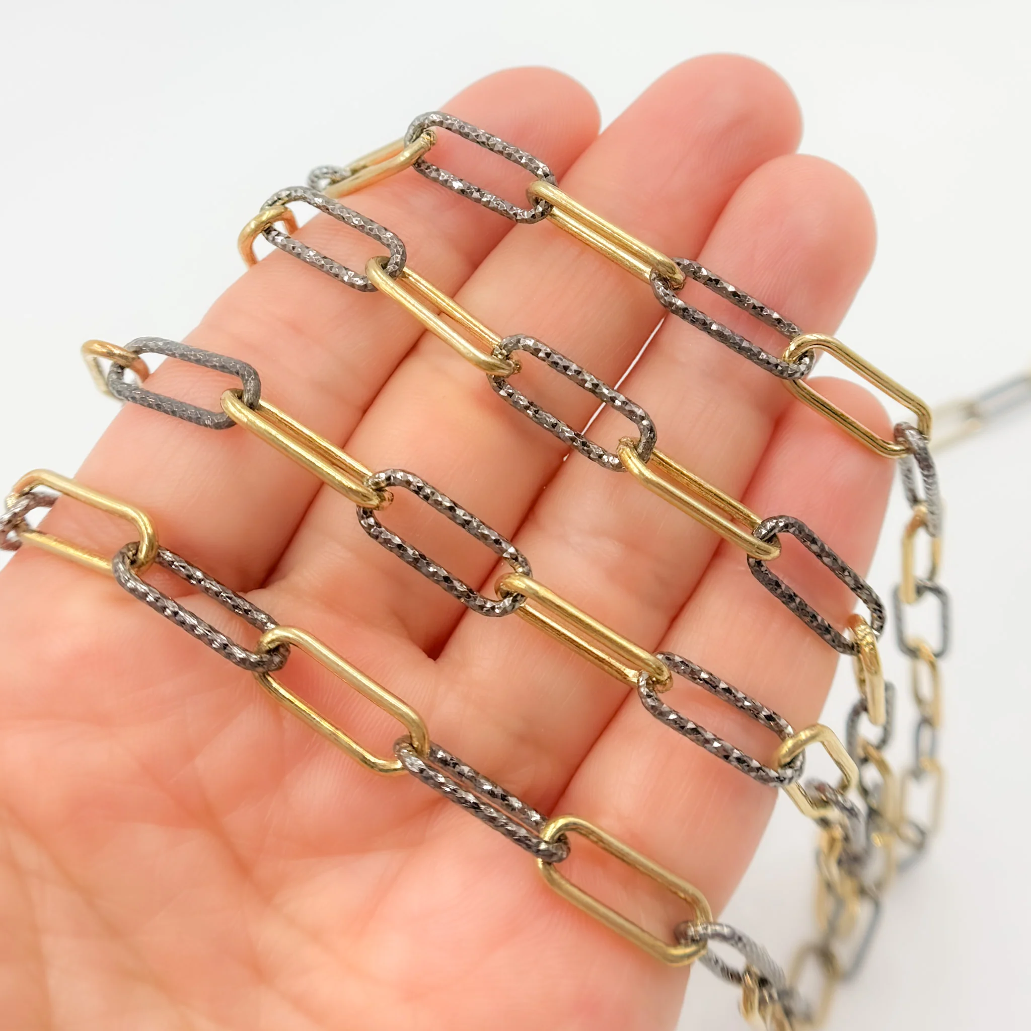 V41GB. Gold Plated and Black Rhodium Sterling Silver Smooth and Diamond Cut Paperclip Chain