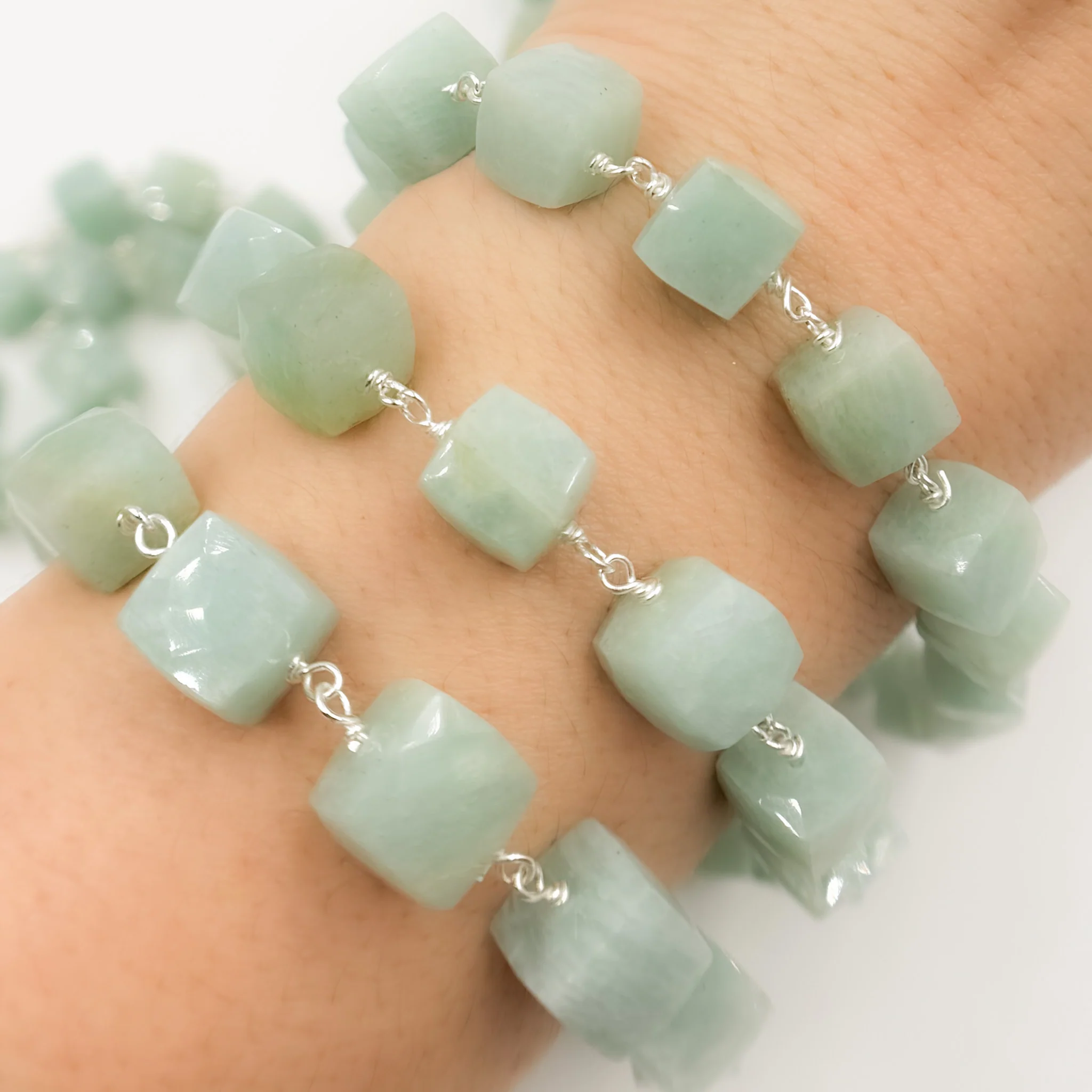AMZ26. Amazonite Cube Faceted Sterling Silver Wire Chain - Image 2