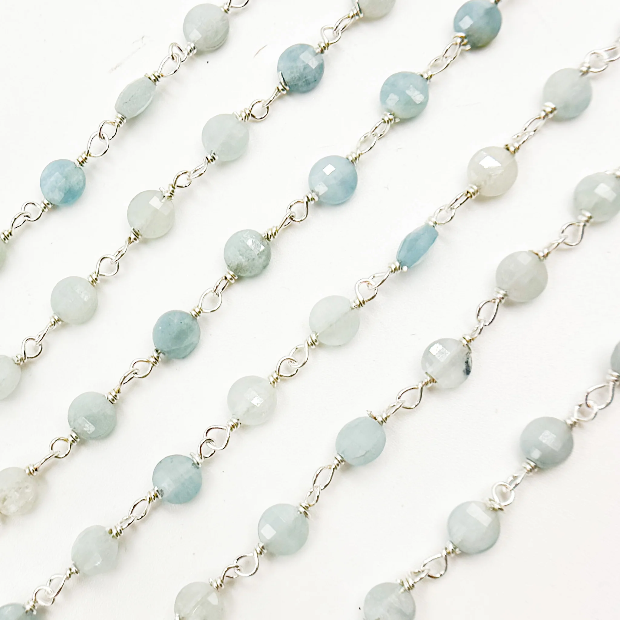 AQU31. Shaded Milky Aquamarine Coin Shape Sterling Silver Wire Chain - Image 4