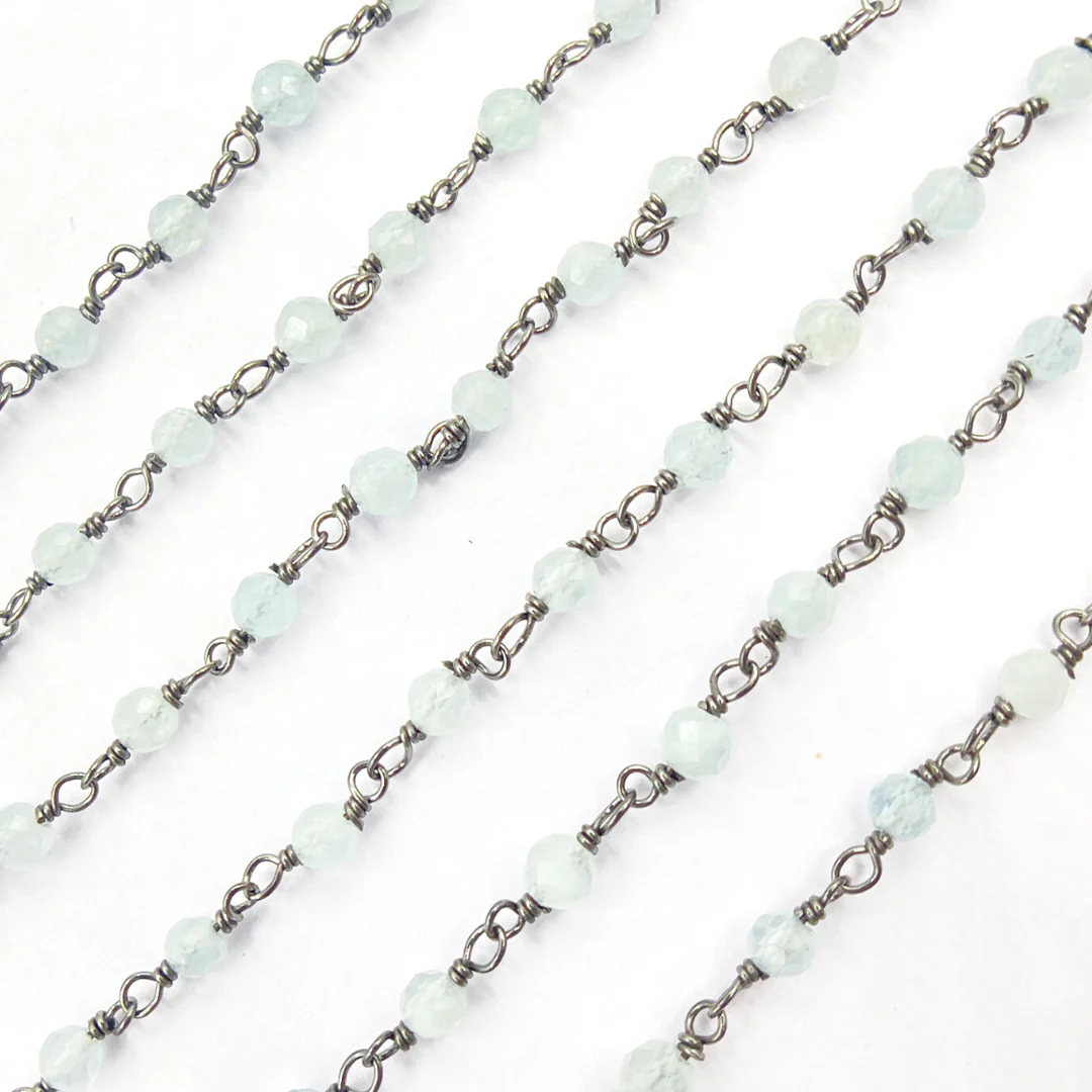 Aqua Blue gemstone Oxidized 925 Sterling Silver Wire Chain. AQU2 - Image 3