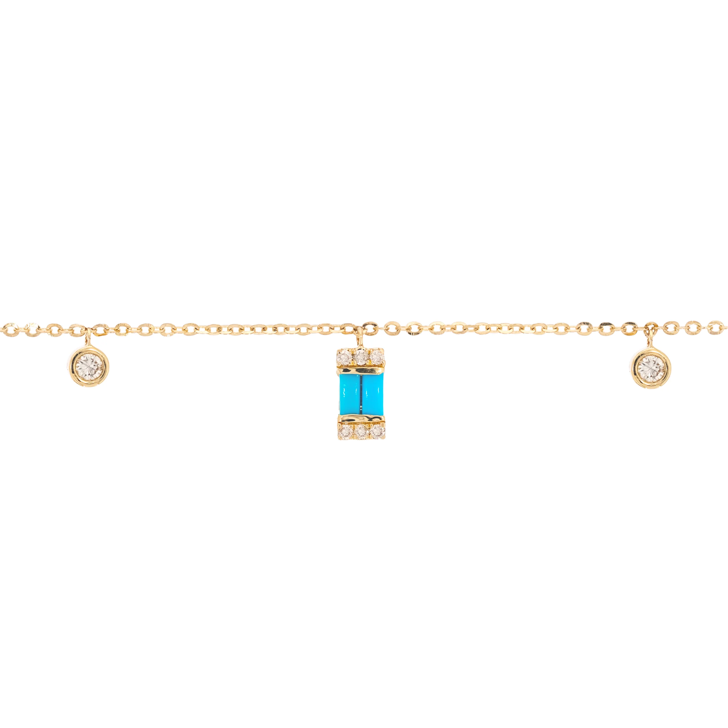 BFE60932TQ. 14K Solid Gold Diamond and Turquoise Dangle Rectangles and Circles Bracelet - Image 2