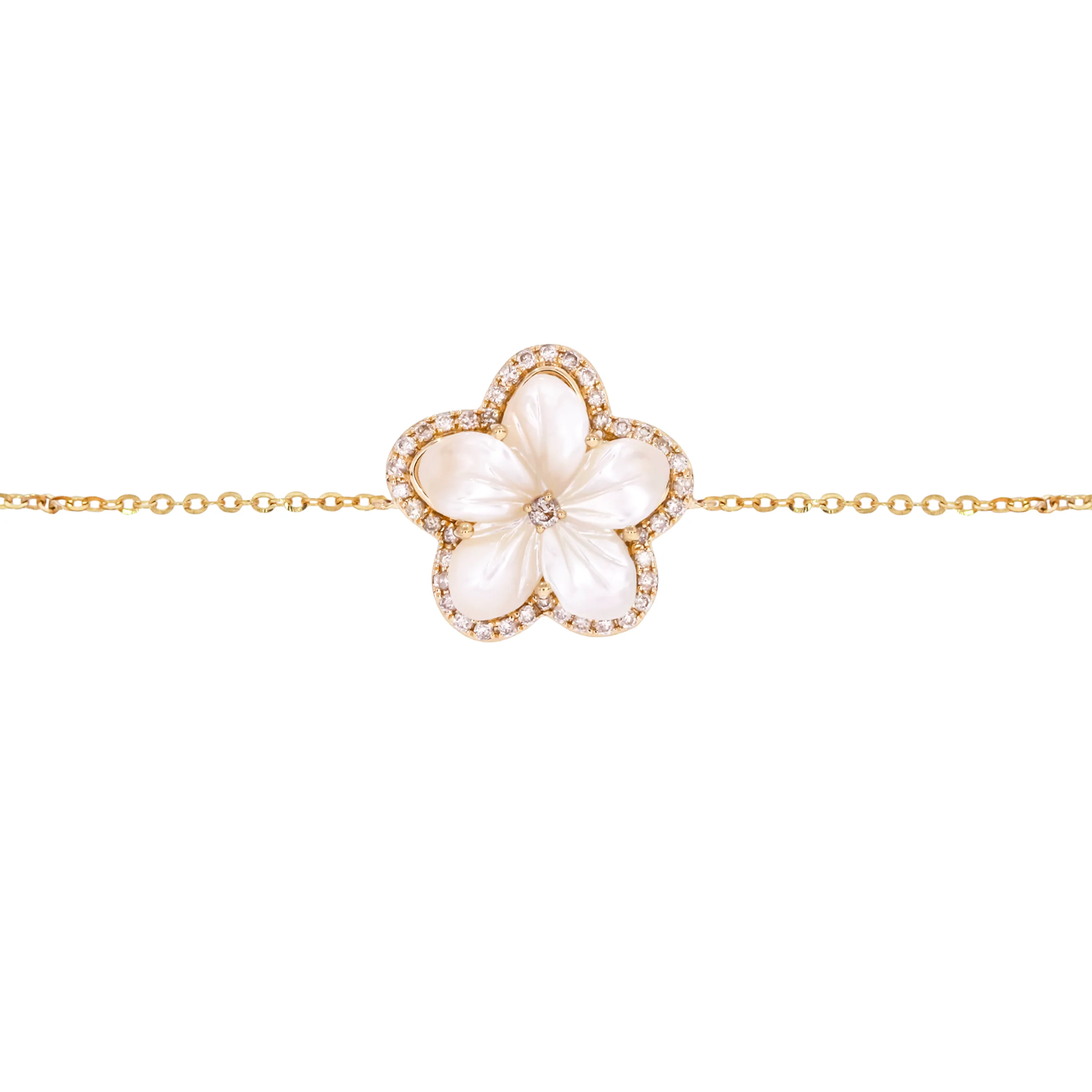 BFF60925PL. 14K Solid Gold Diamond and Mother of Pearl Flower Bracelet - Image 2