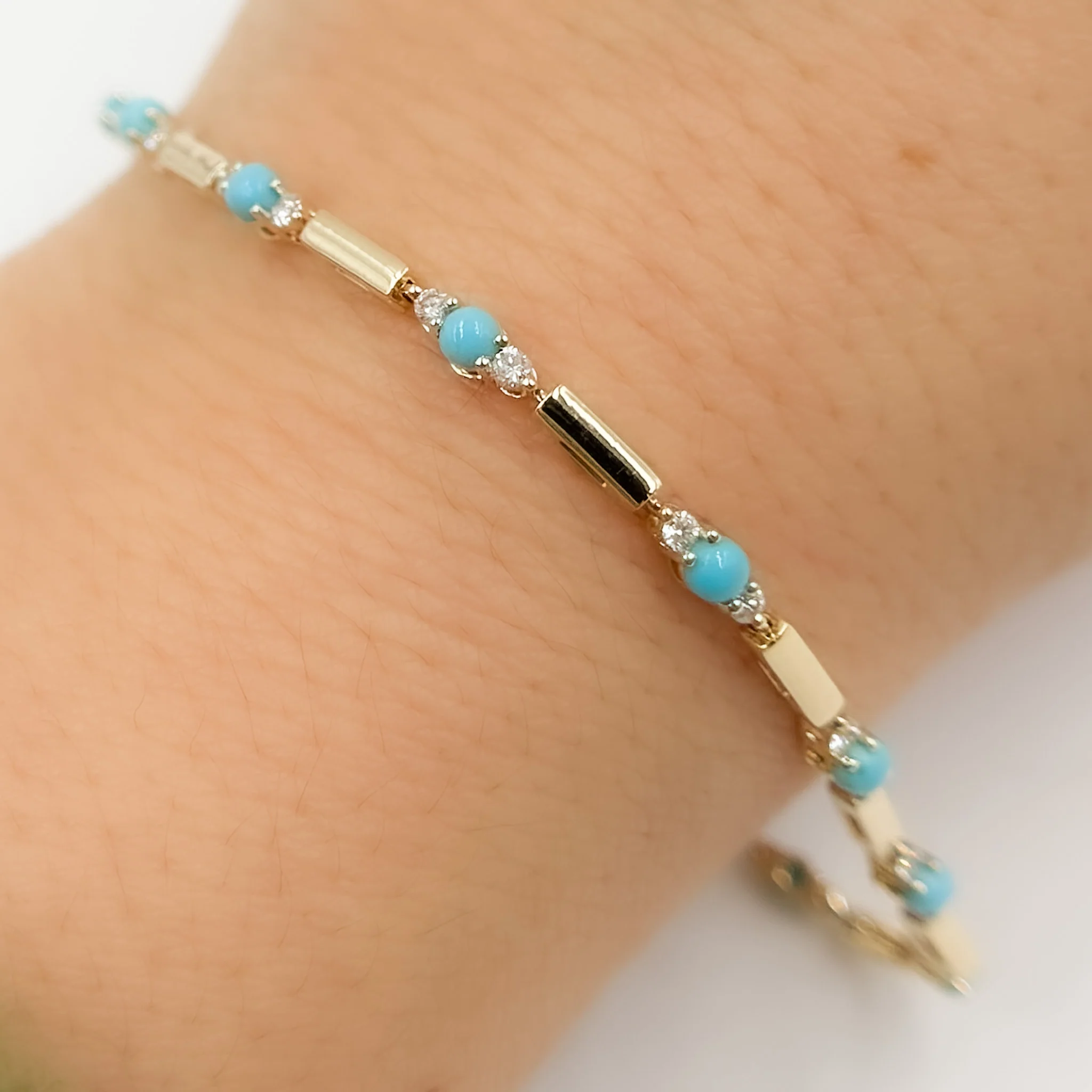 BFG61255TQ. 14K Solid Gold Diamond and Turquoise Fancy Bracelet - Image 6