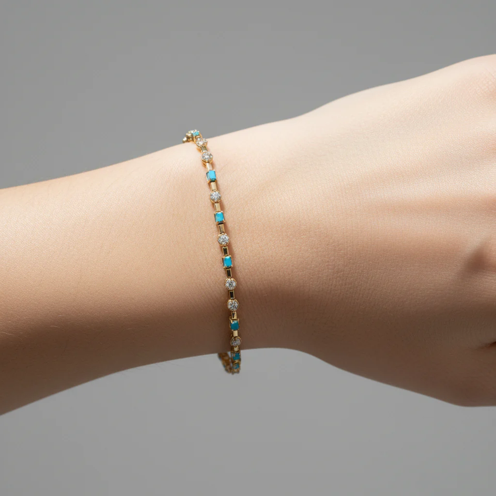 BFH60606TQ. 14K Solid Gold Diamond and Turquoise Fancy Bracelet - Image 3