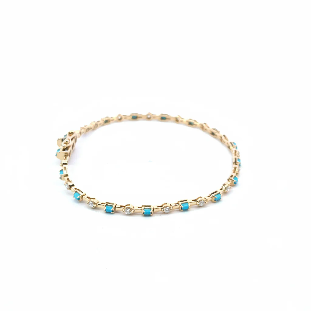 BFH60606TQ. 14K Solid Gold Diamond and Turquoise Fancy Bracelet - Image 4