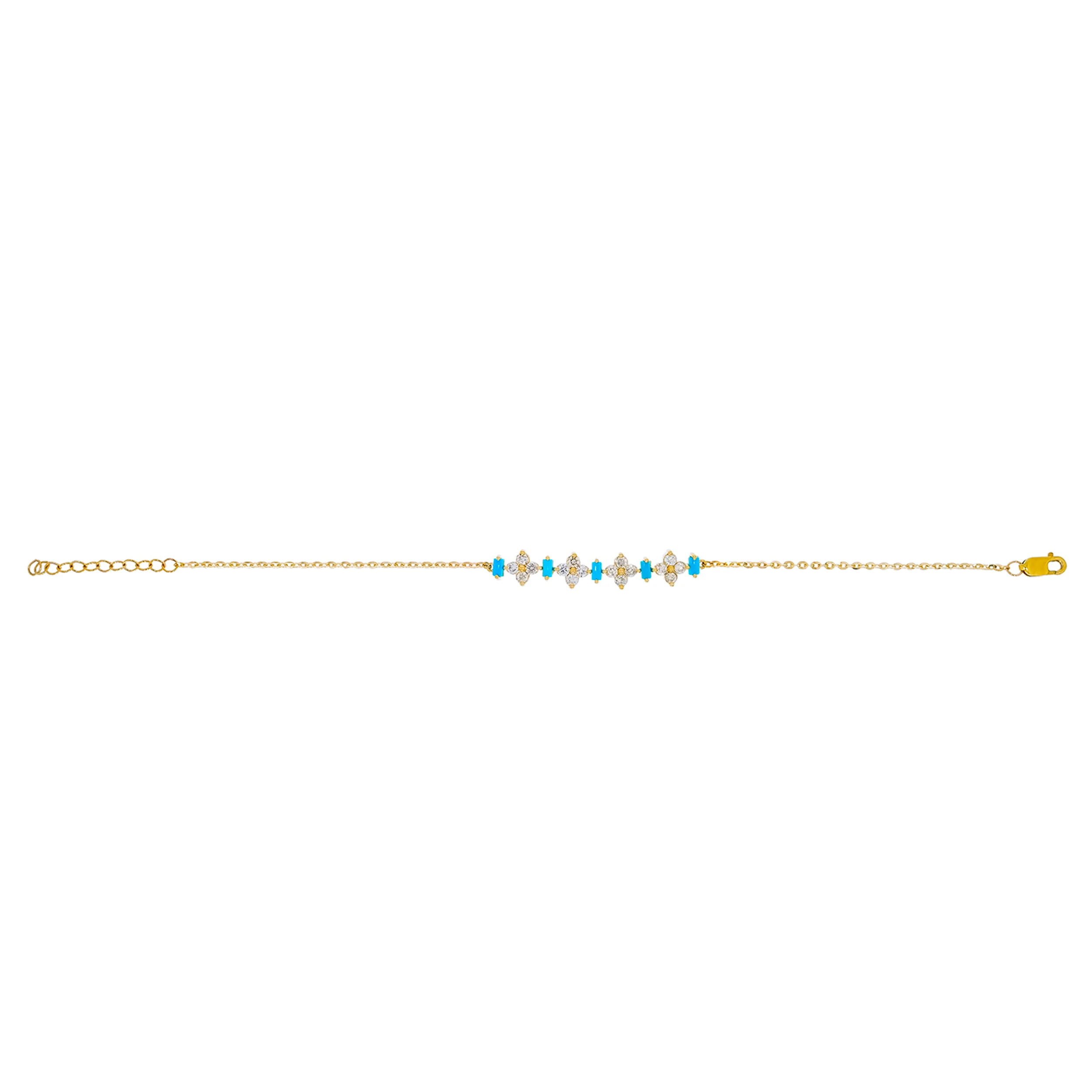 BFH60962TQ. 14K Solid Gold Diamond and Turquoise Flower Bracelet - Image 3