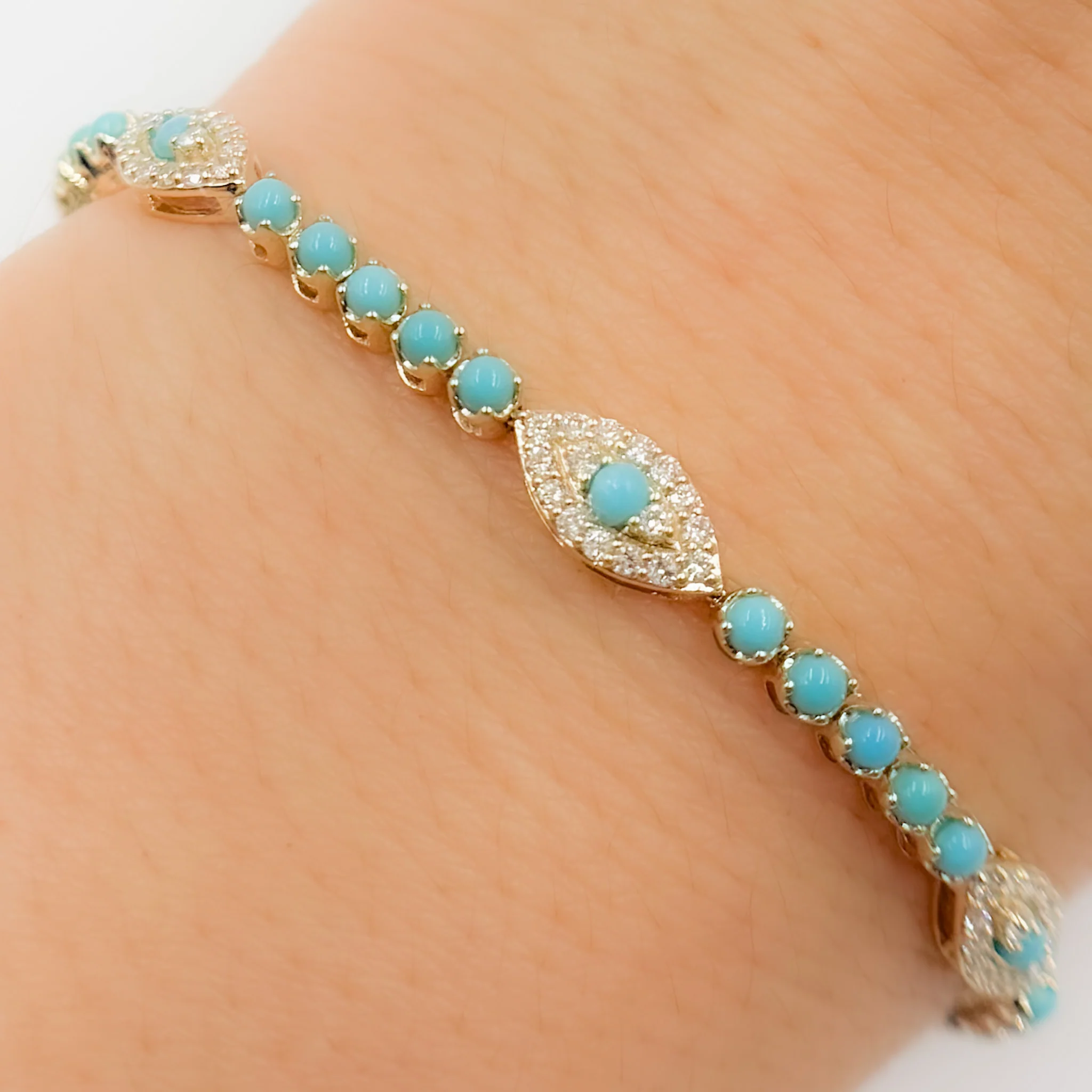 BFJ60680. 14k Solid Gold Diamond and Turquoise Eye Bracelet - Image 2