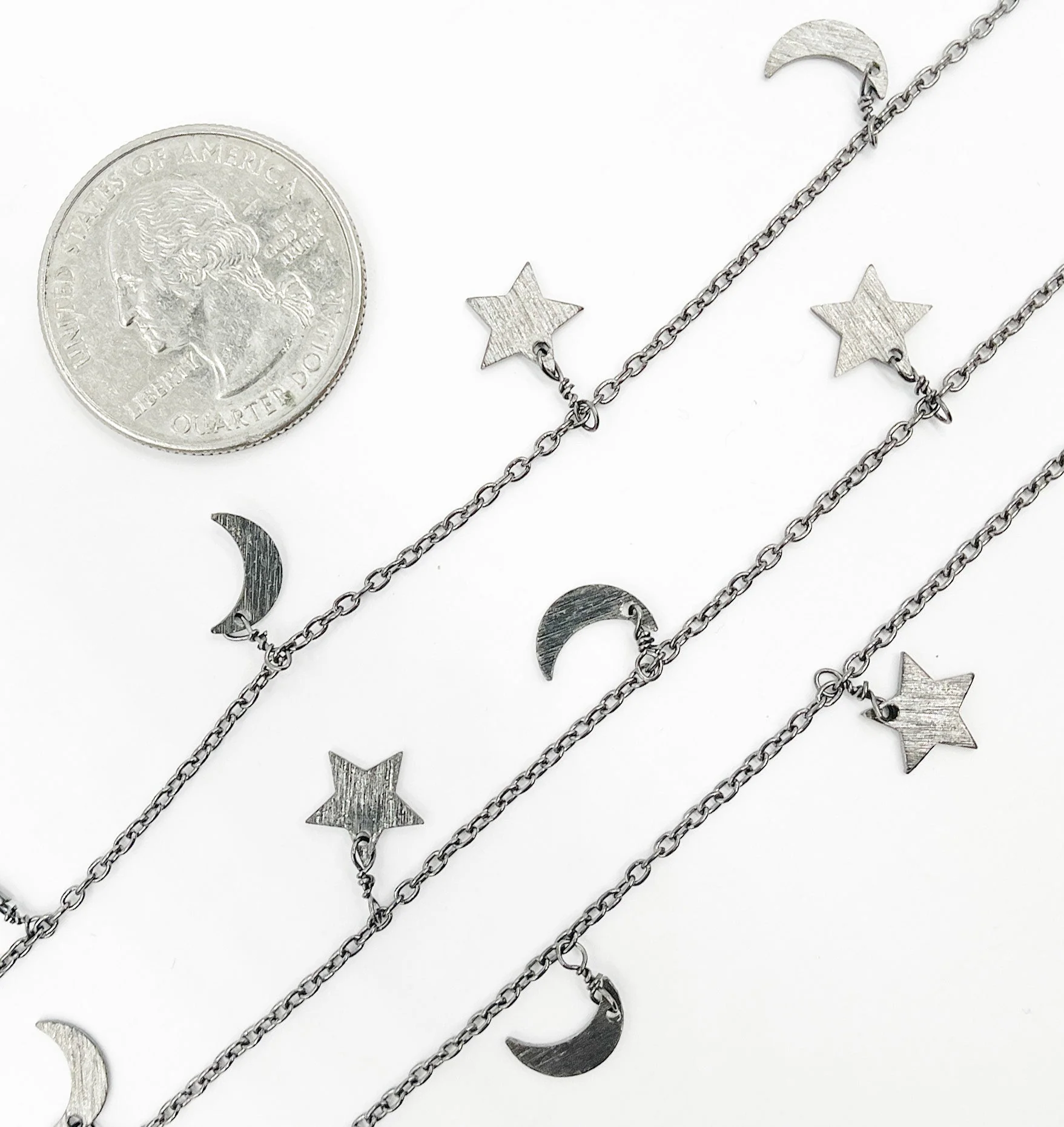 Black Rhodium 925 Sterling Silver Chain with Star & Moon Dangle. 307BR - Image 2