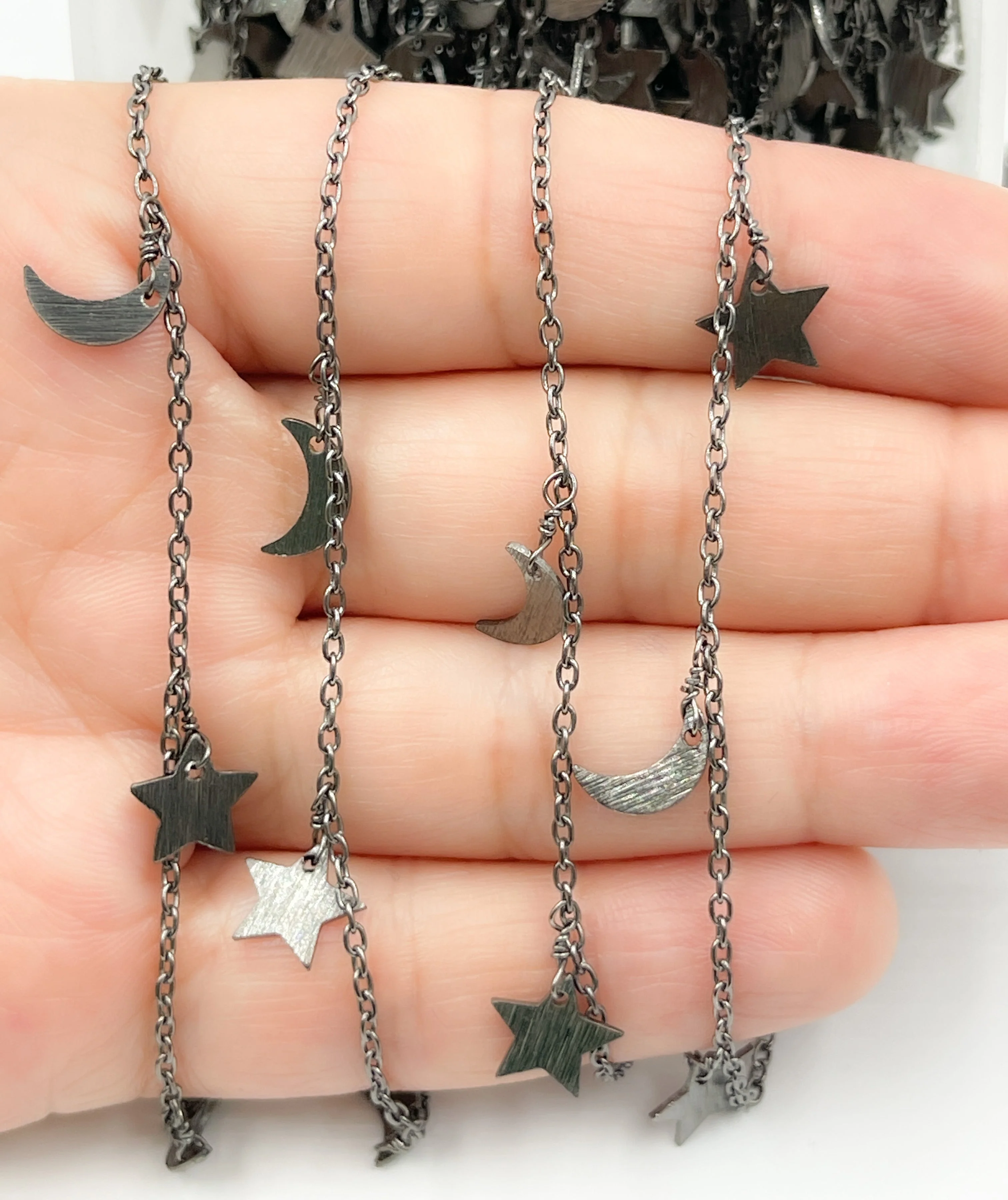 Black Rhodium 925 Sterling Silver Chain with Star & Moon Dangle. 307BR - Image 5