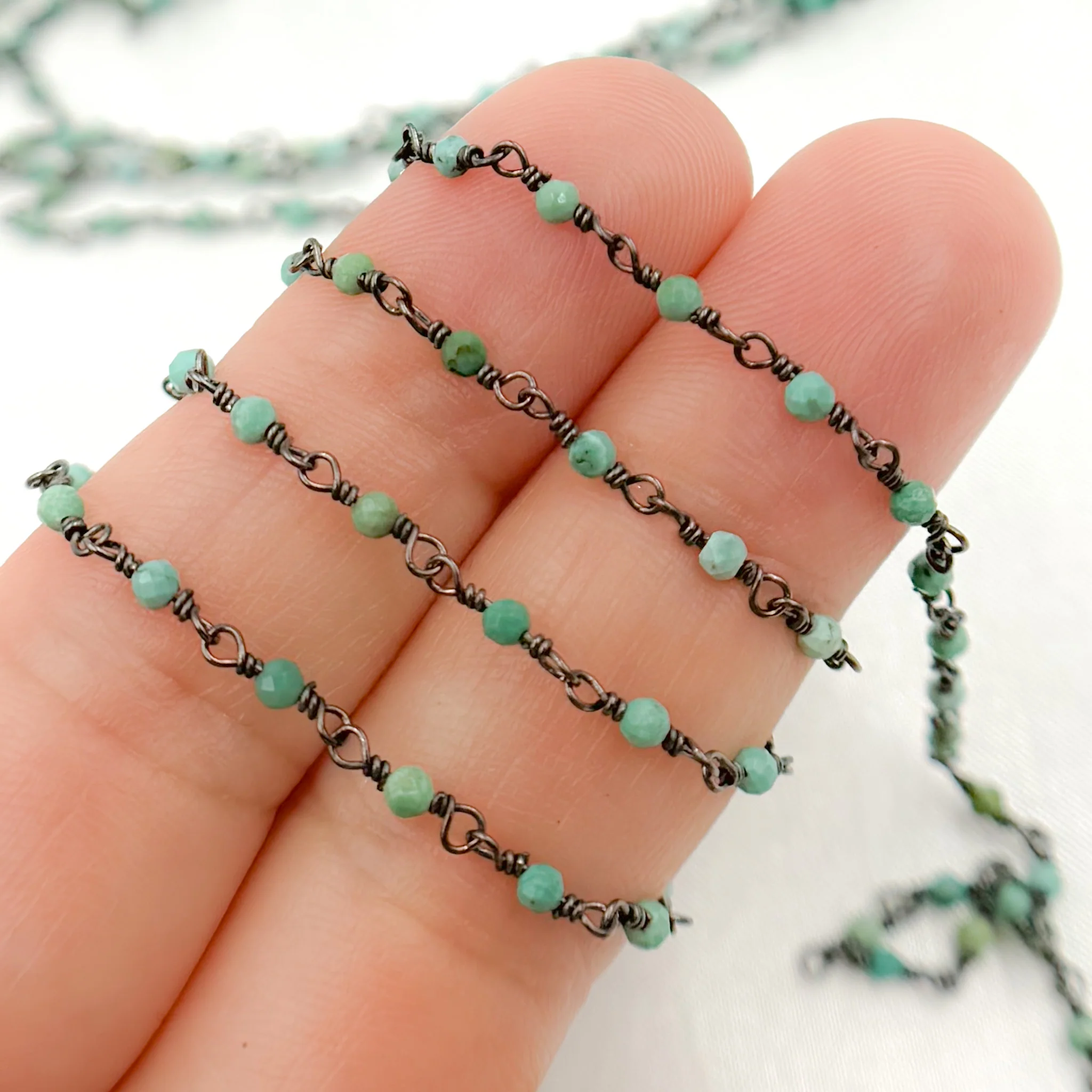 TRQ1. Black Rhodium 925 Sterling Silver and Natural Turquoise Wire Wrapped Bead Chain - Image 2